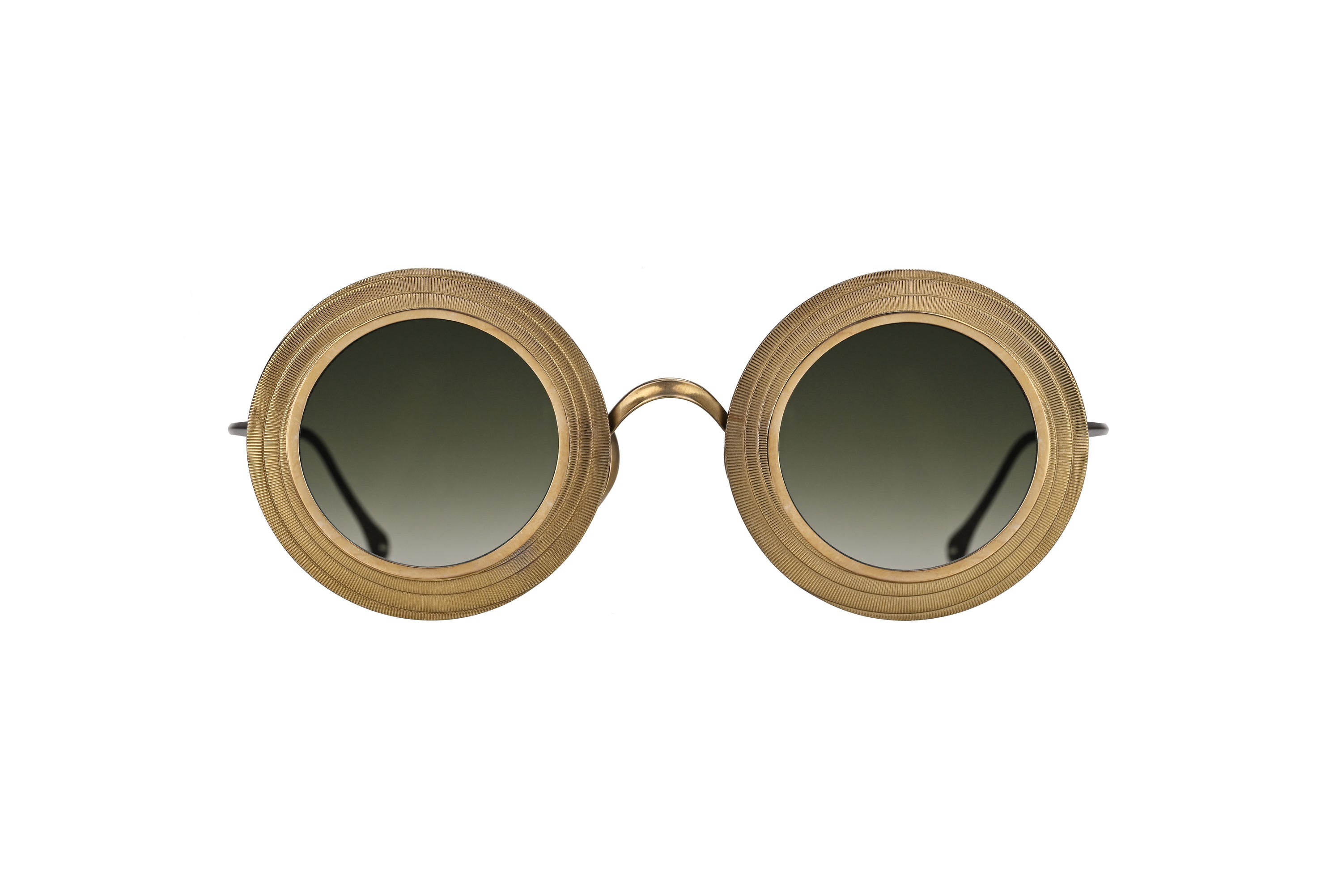 RIGARDS oversized round sunglasses in textured gold-tone metal with dark green gradient lenses and an arched bridge, shown from the front.