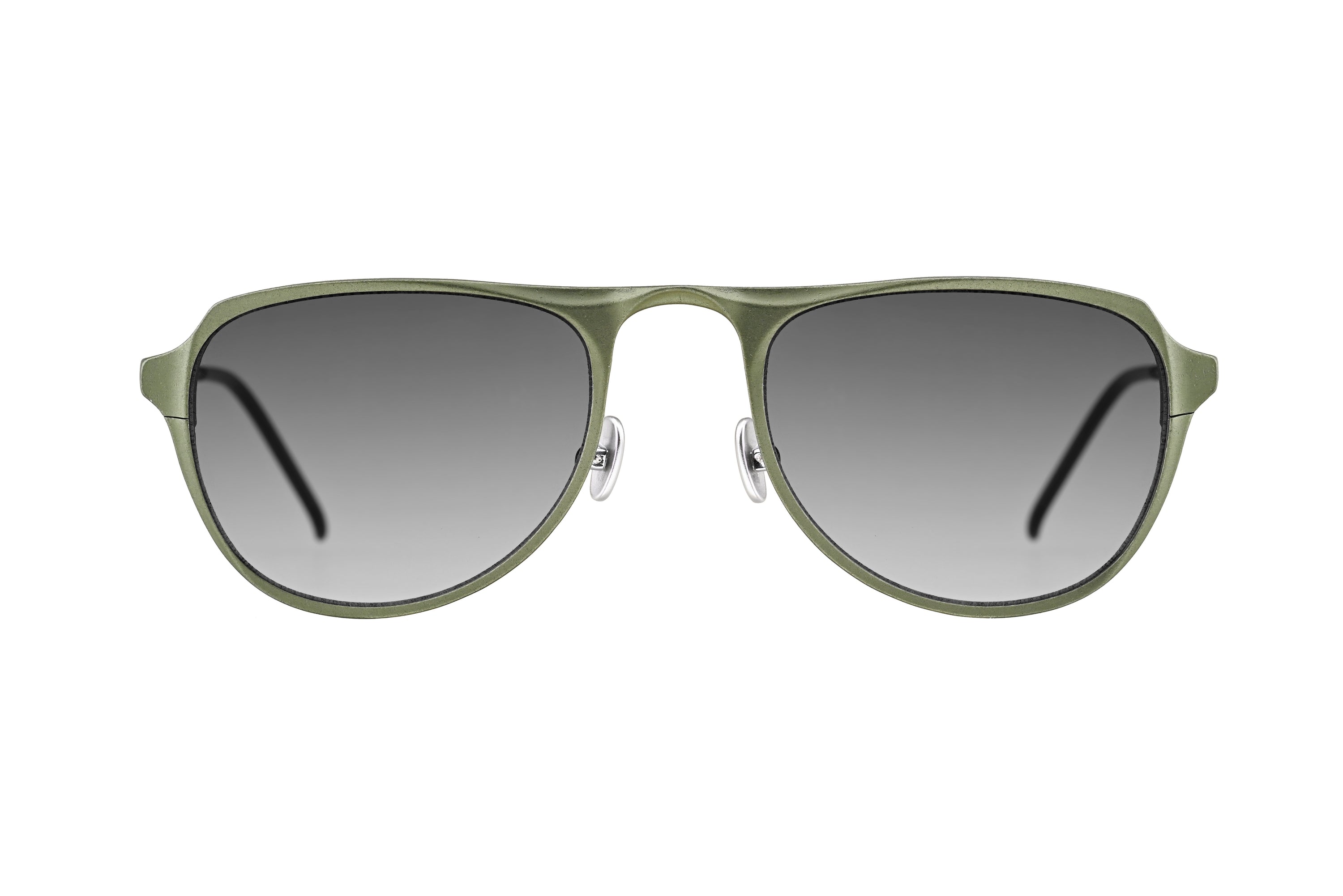 RIGARDS rectangular sunglasses in matte olive-green metal with grey gradient lenses and an integrated bridge, shown from the front.
