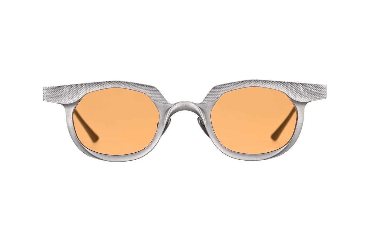 RIGARDS silver metal sunglasses with orange lenses, rounded geometric rims, and textured brow detailing, shown from the front.