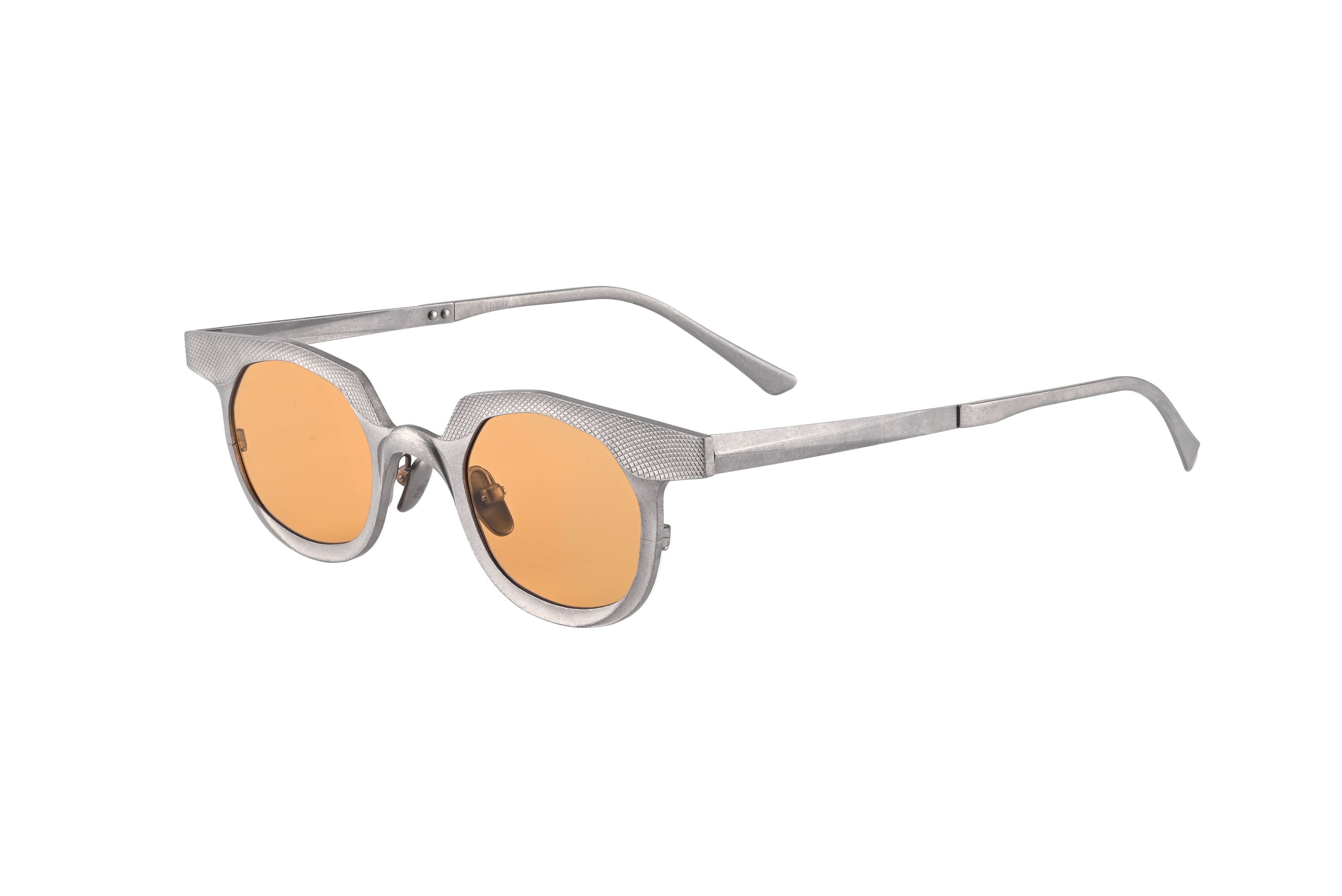 RIGARDS silver metal sunglasses with orange lenses and textured brow detailing, shown from a three-quarter angle.