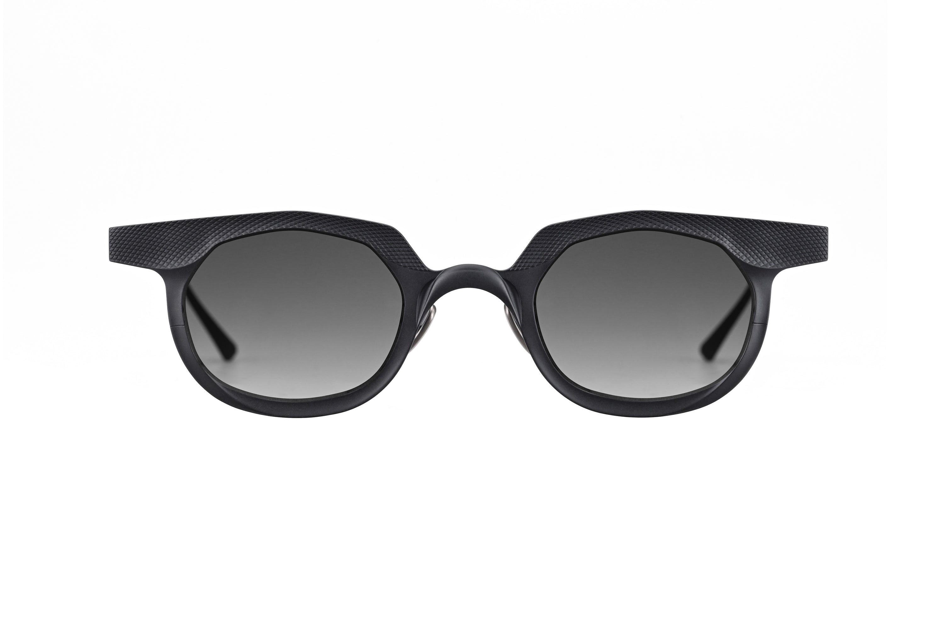RIGARDS matte black sunglasses with grey gradient lenses, rounded geometric rims, and textured brow detailing, shown from the front.