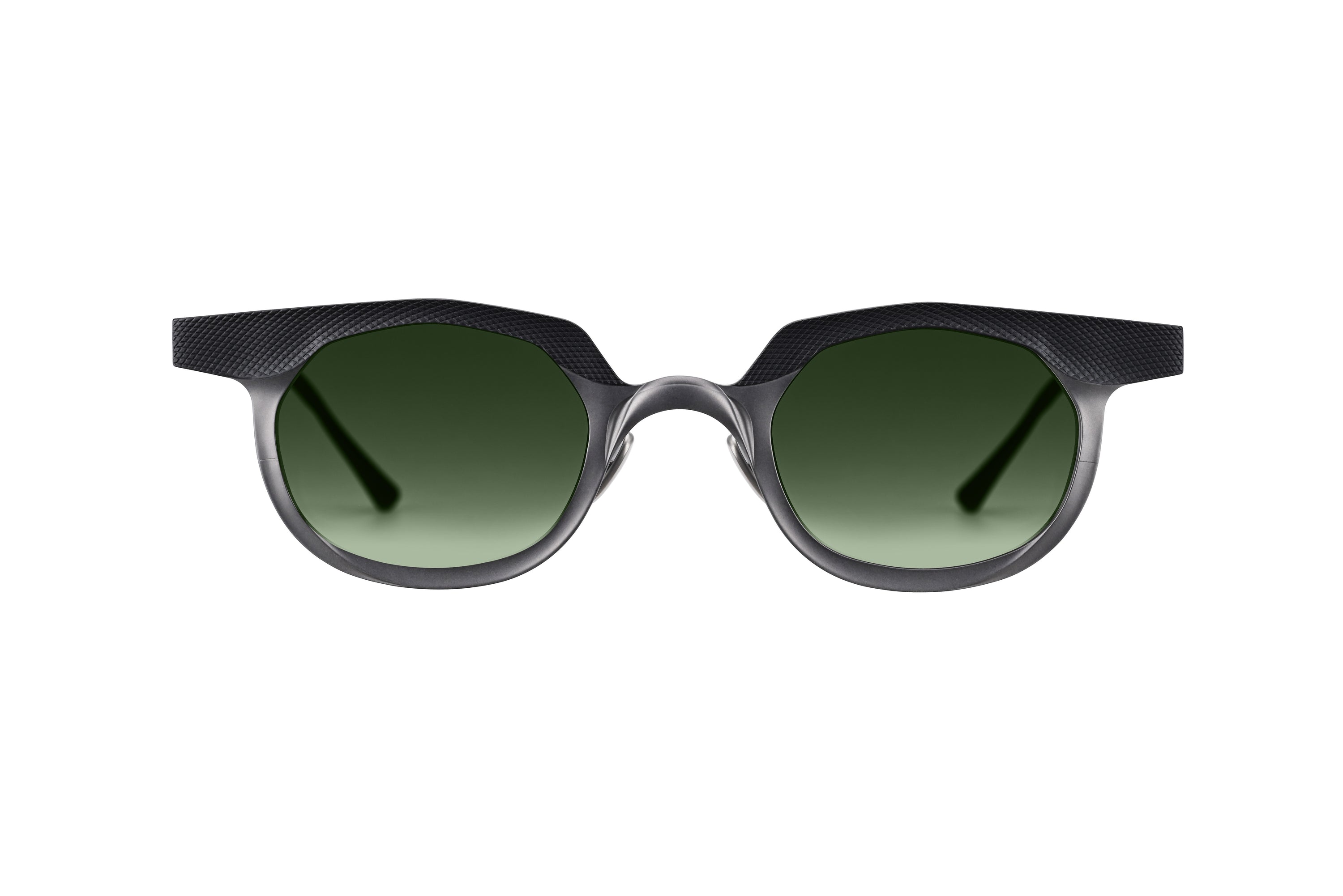 RIGARDS dark silver metal sunglasses with green gradient lenses, rounded geometric rims, and textured brow detailing, shown from the front.