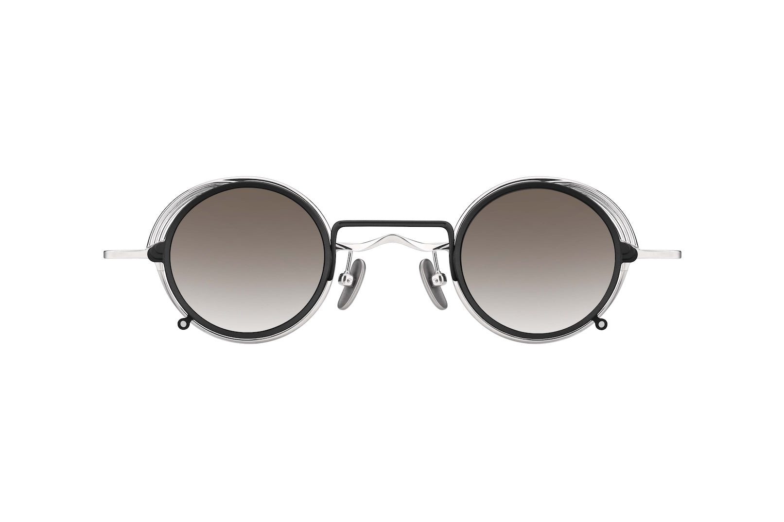 Round sunglasses with a black metal frame, silver temples, and gradient brown lenses, shown against a plain white background.