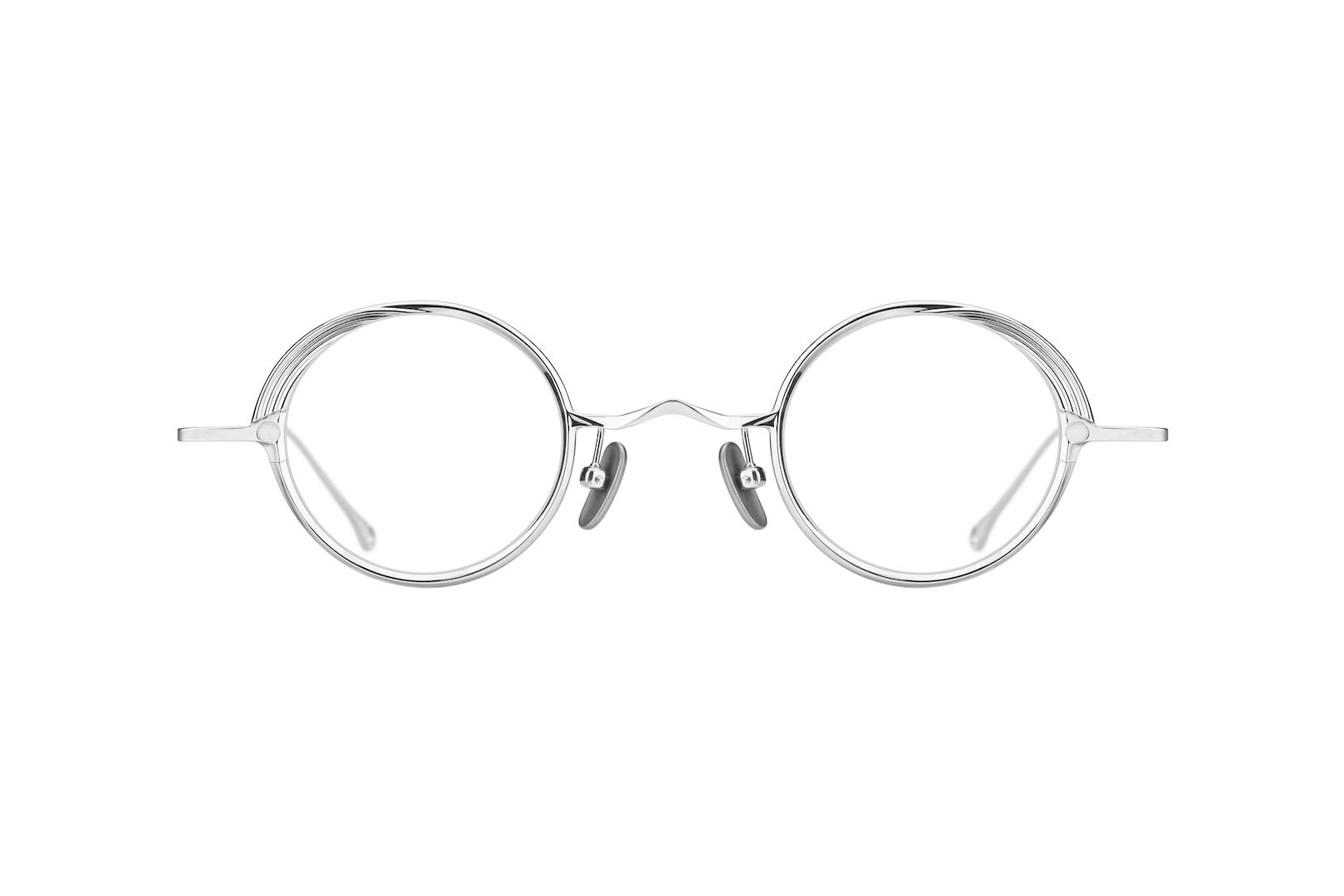 Round metal eyeglasses with a thin silver frame and clear lenses, shown against a plain white background.