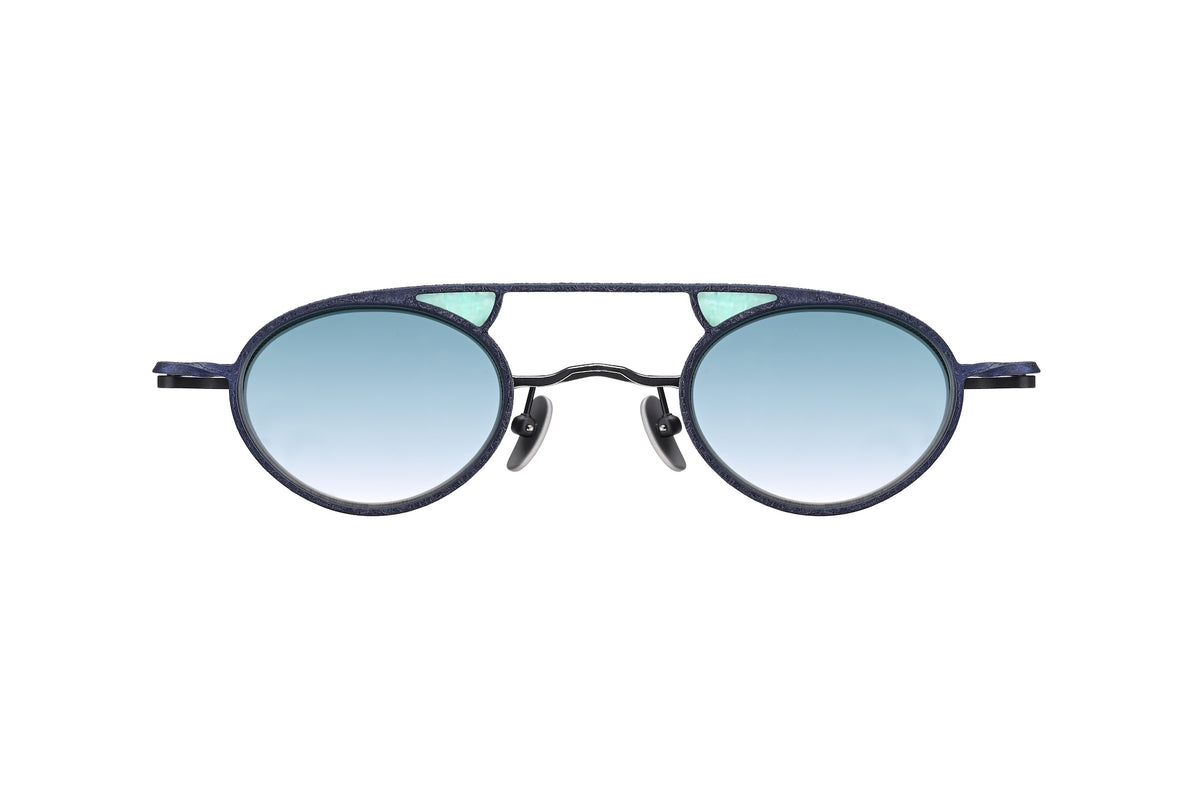 RIGARDS RG1010ZC round handmade sunglasses featuring a dark textured titanium frame, a top bar, and blue gradient lenses.