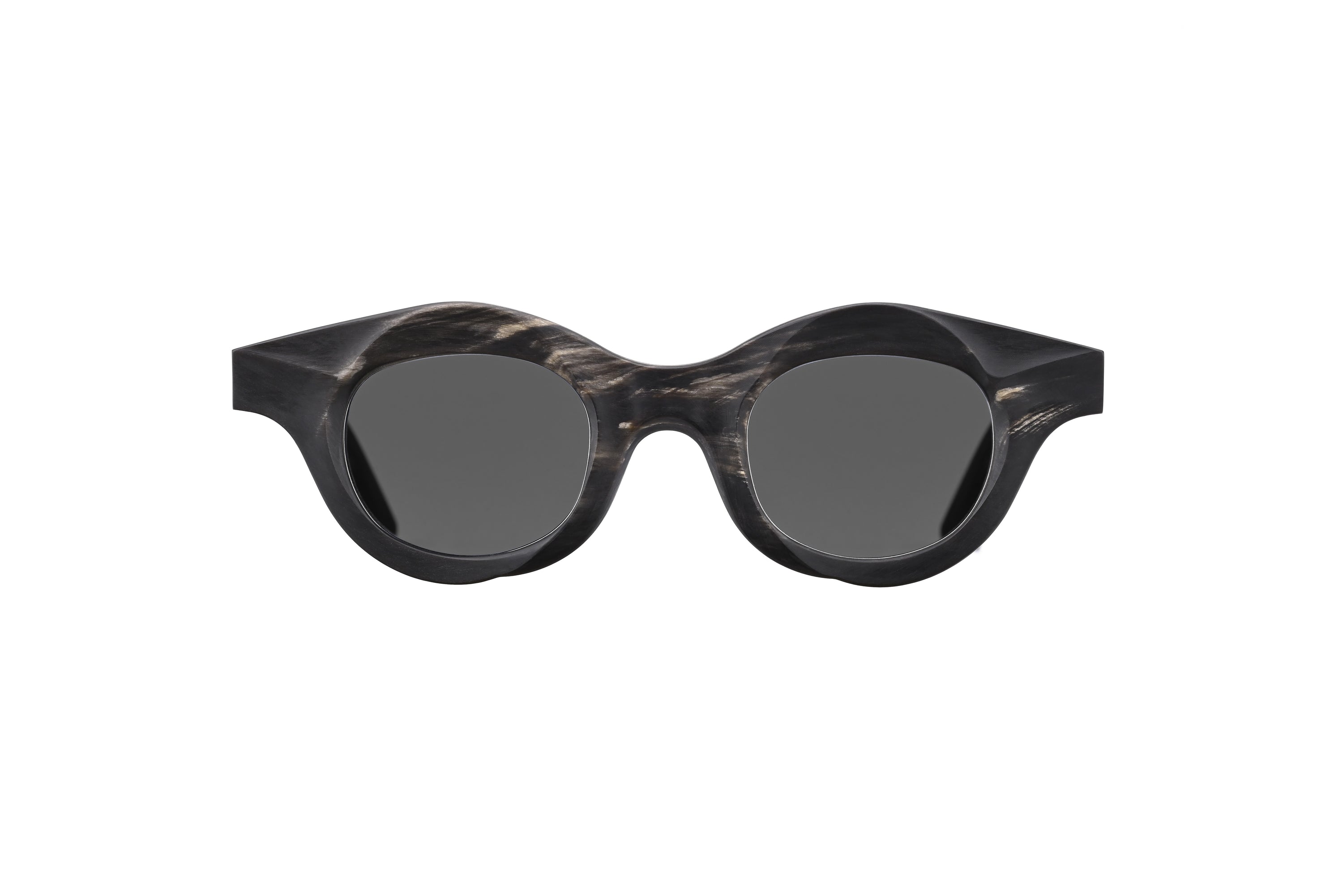 RIGARDS round sunglasses in sculptural black horn with natural streaked detailing and dark grey lenses, shown from the front.