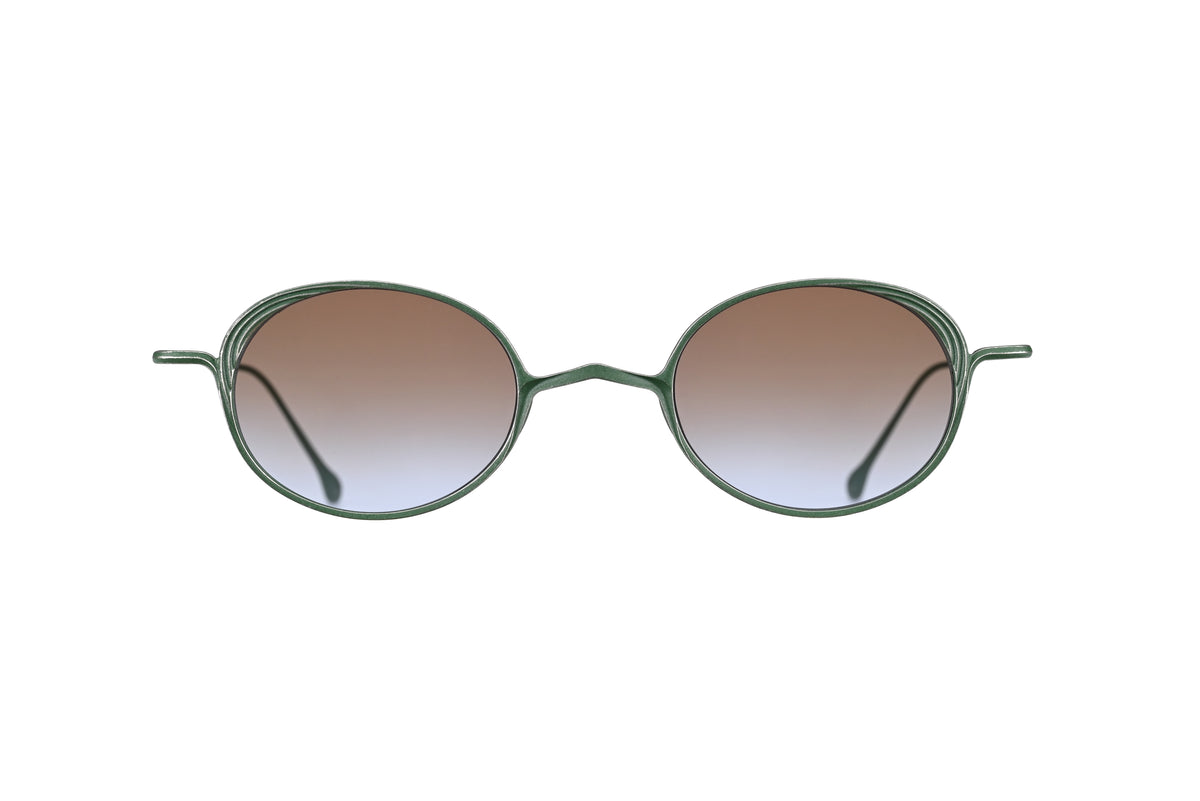 RIGARDS oval sunglasses in dark green metal with brown-to-blue gradient lenses and a sculpted bridge, shown from the front.