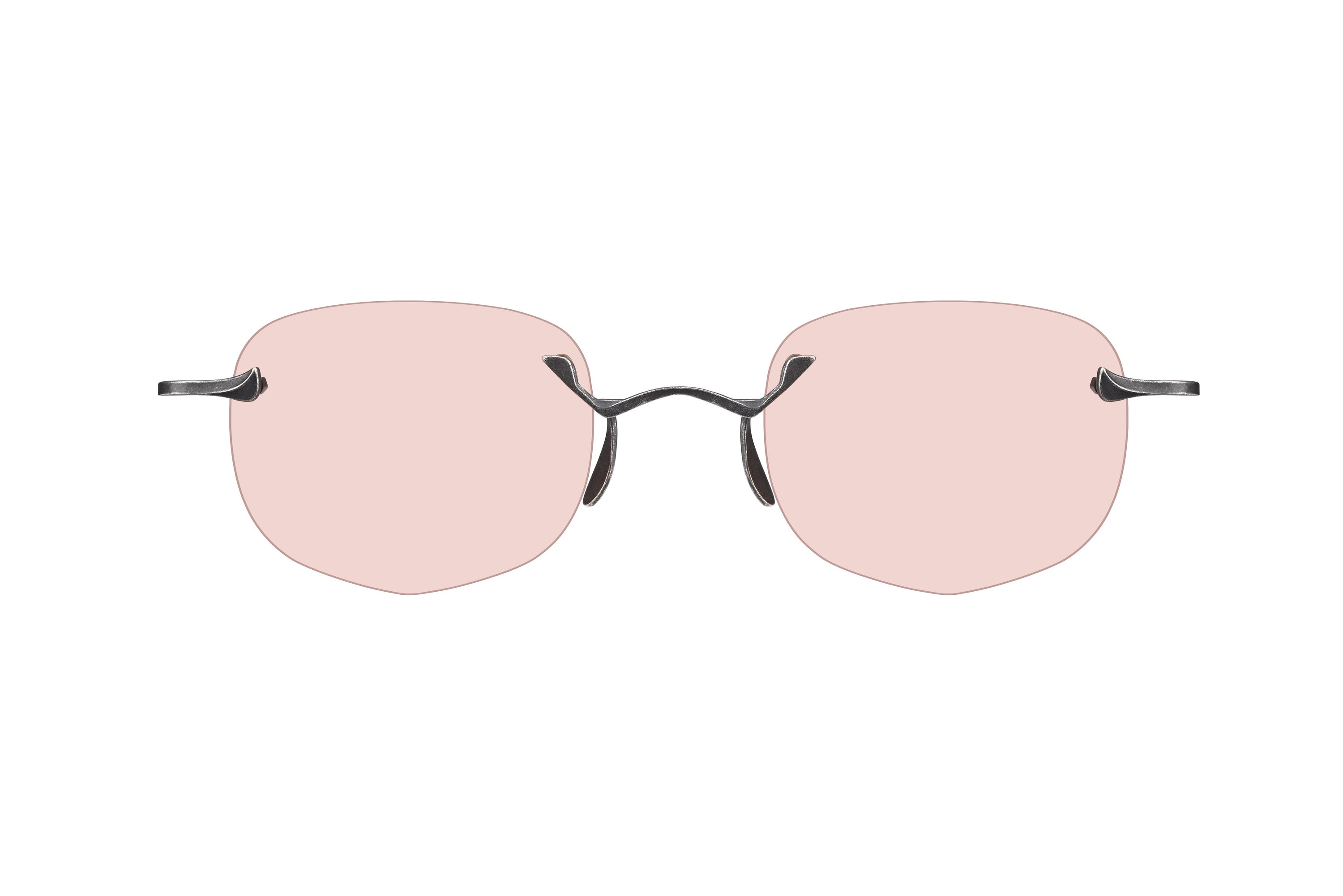 Rimless sunglasses with light pink lenses and a thin dark metal frame, shown against a plain white background.