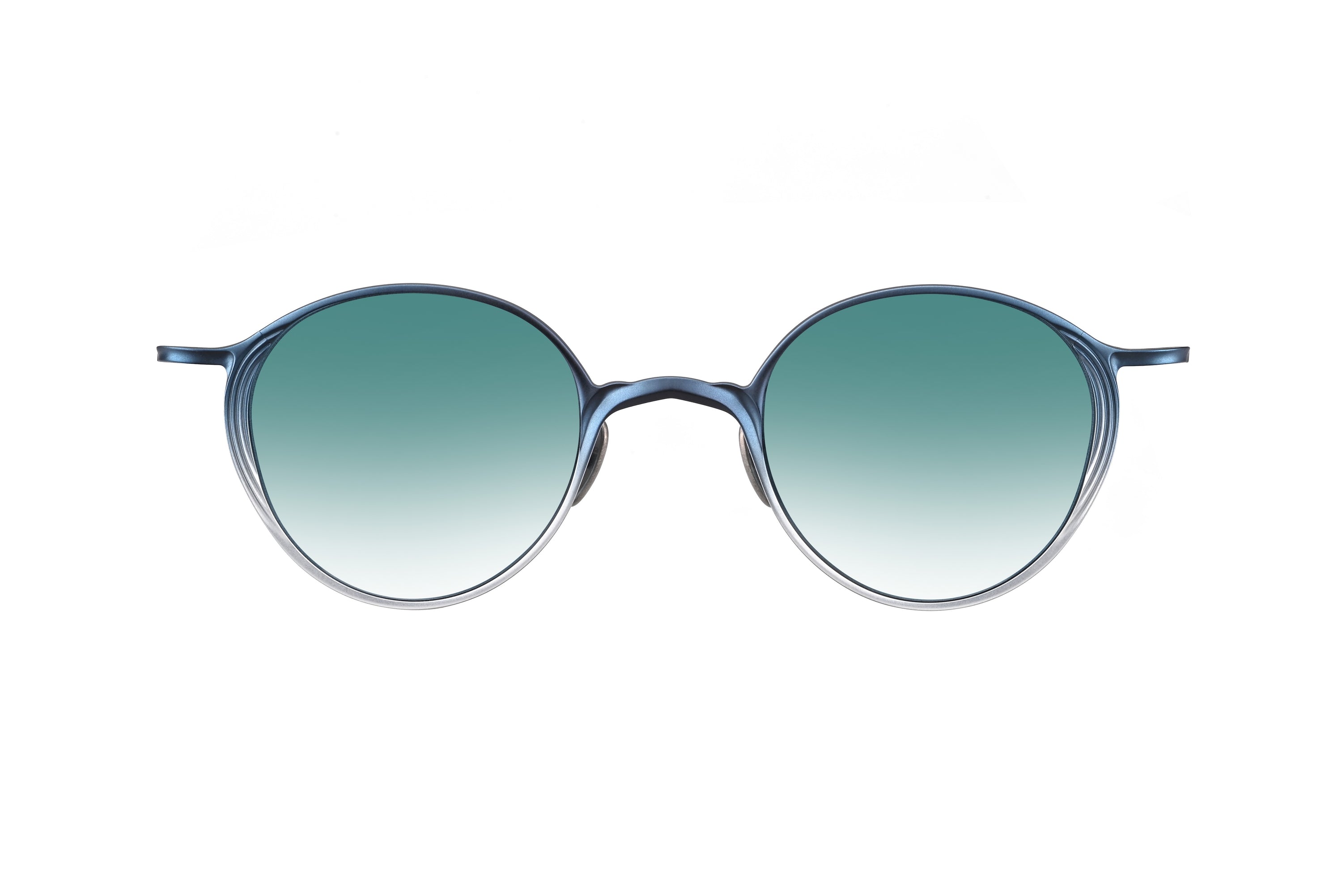 Oval sunglasses with a translucent blue frame and gradient green lenses, shown against a plain white background.