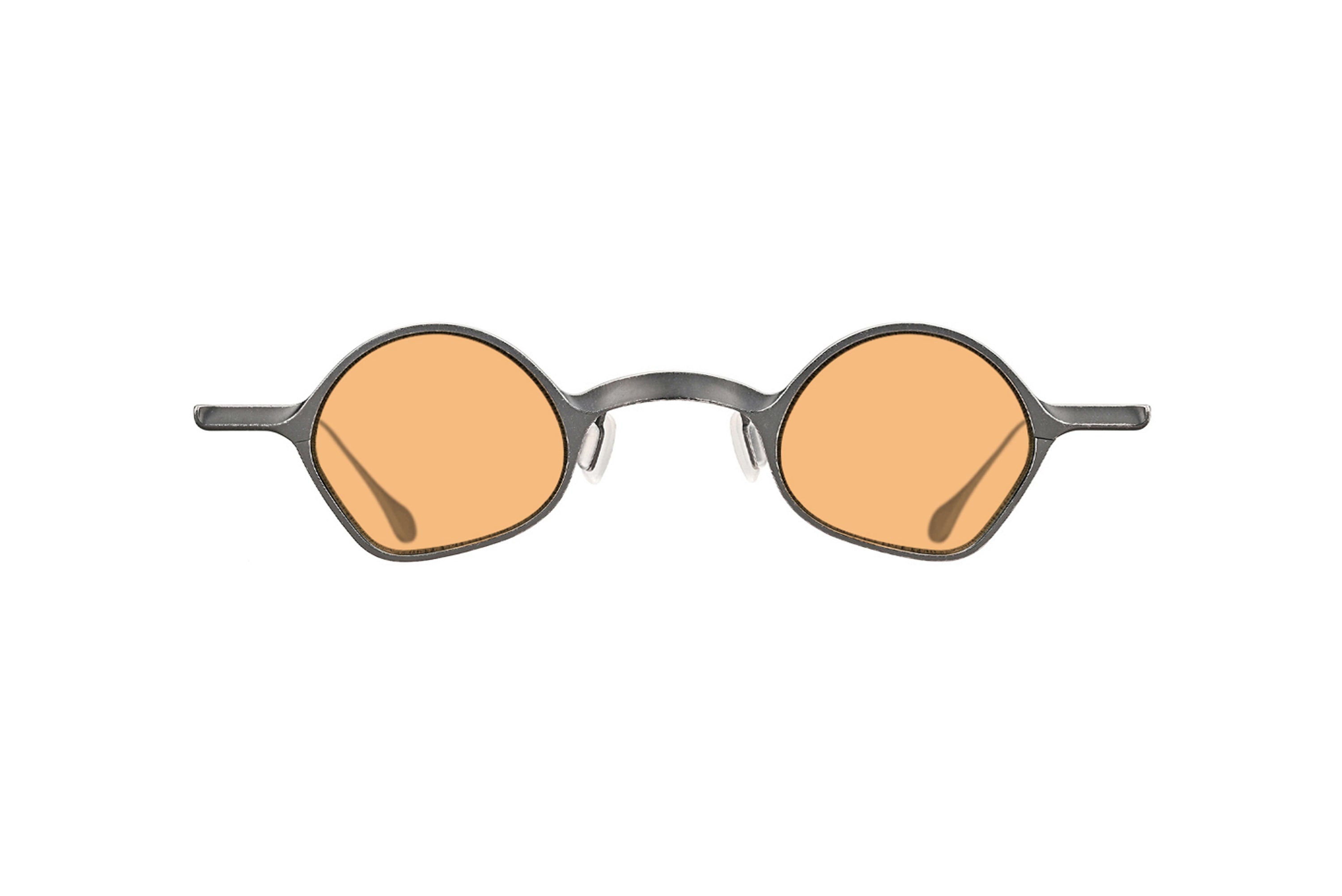 RIGARDS round sunglasses in matte dark grey metal with orange lenses and a sculpted bridge, shown from the front.