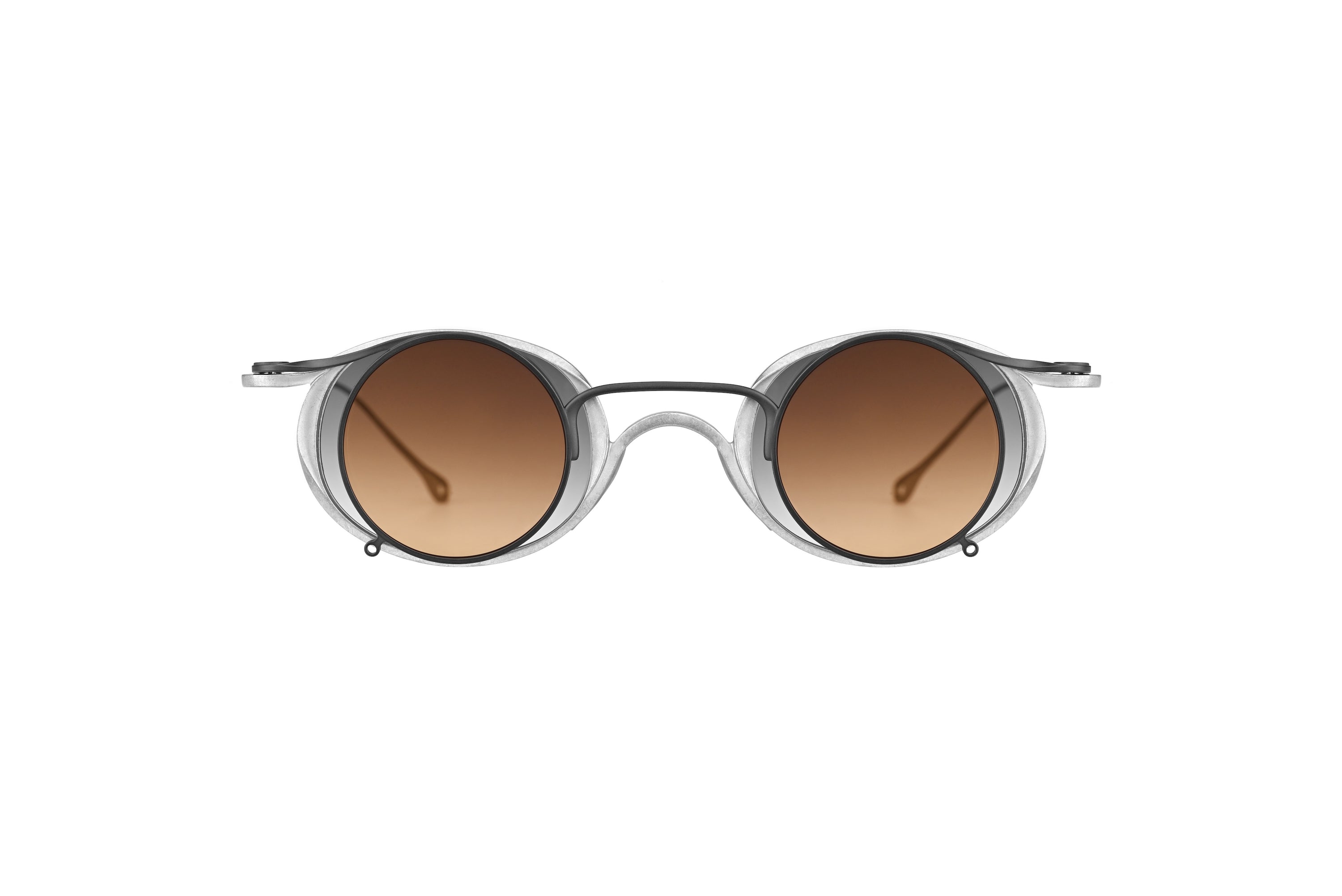 Round sunglasses with brown gradient lenses, a thin black metal bridge, and clear acetate side frames, shown against a plain white background.
