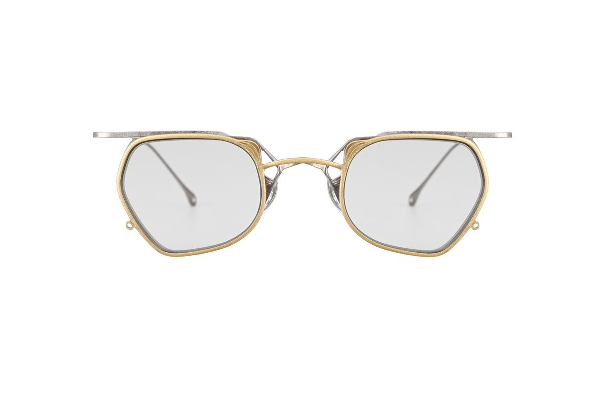 RIGARDS geometric optical glasses in antique gold and silver metal, featuring a double bridge and sculptural detailing, shown from the front.