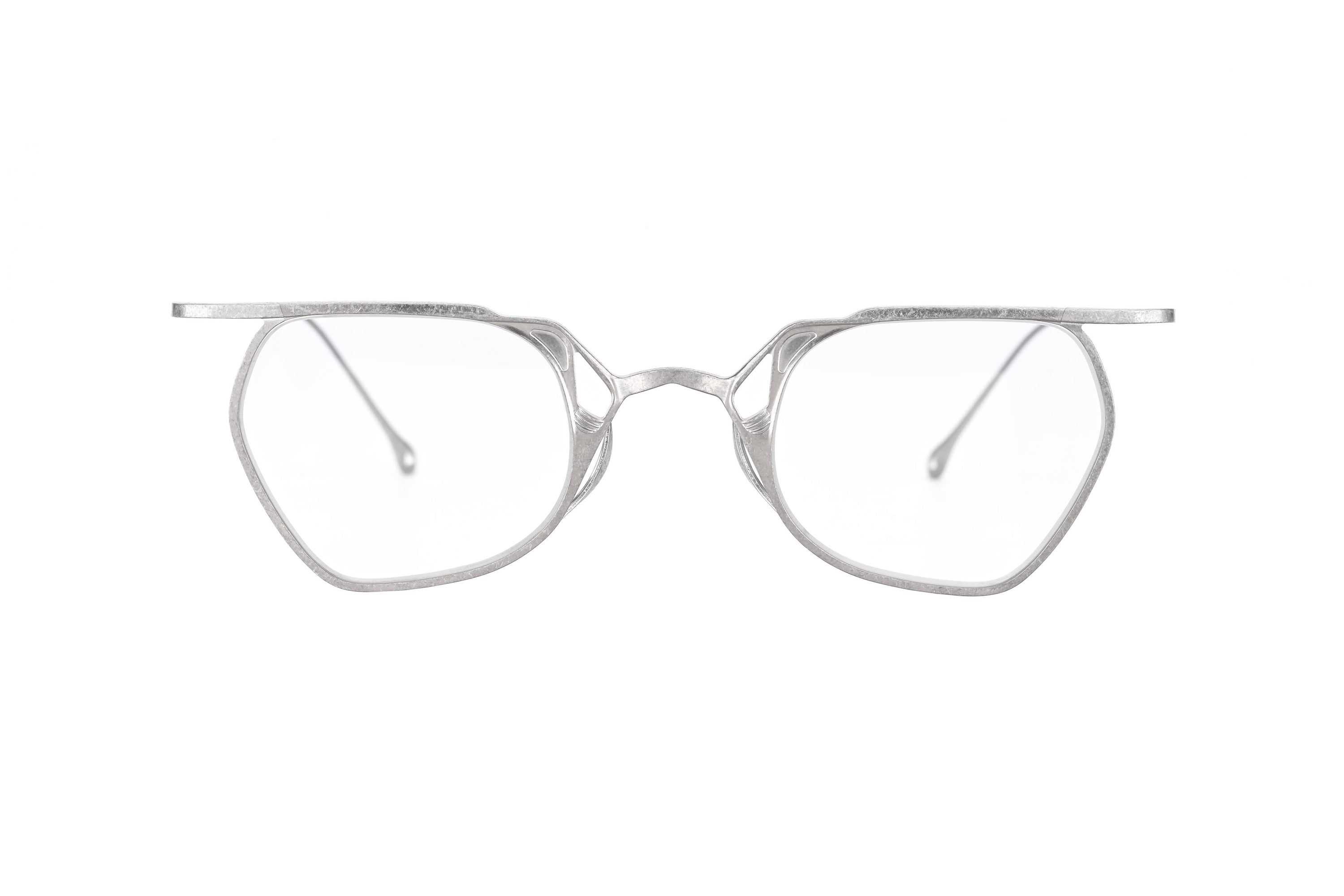 RIGARDS geometric optical glasses in textured silver metal with sculptural detailing, shown from the front.