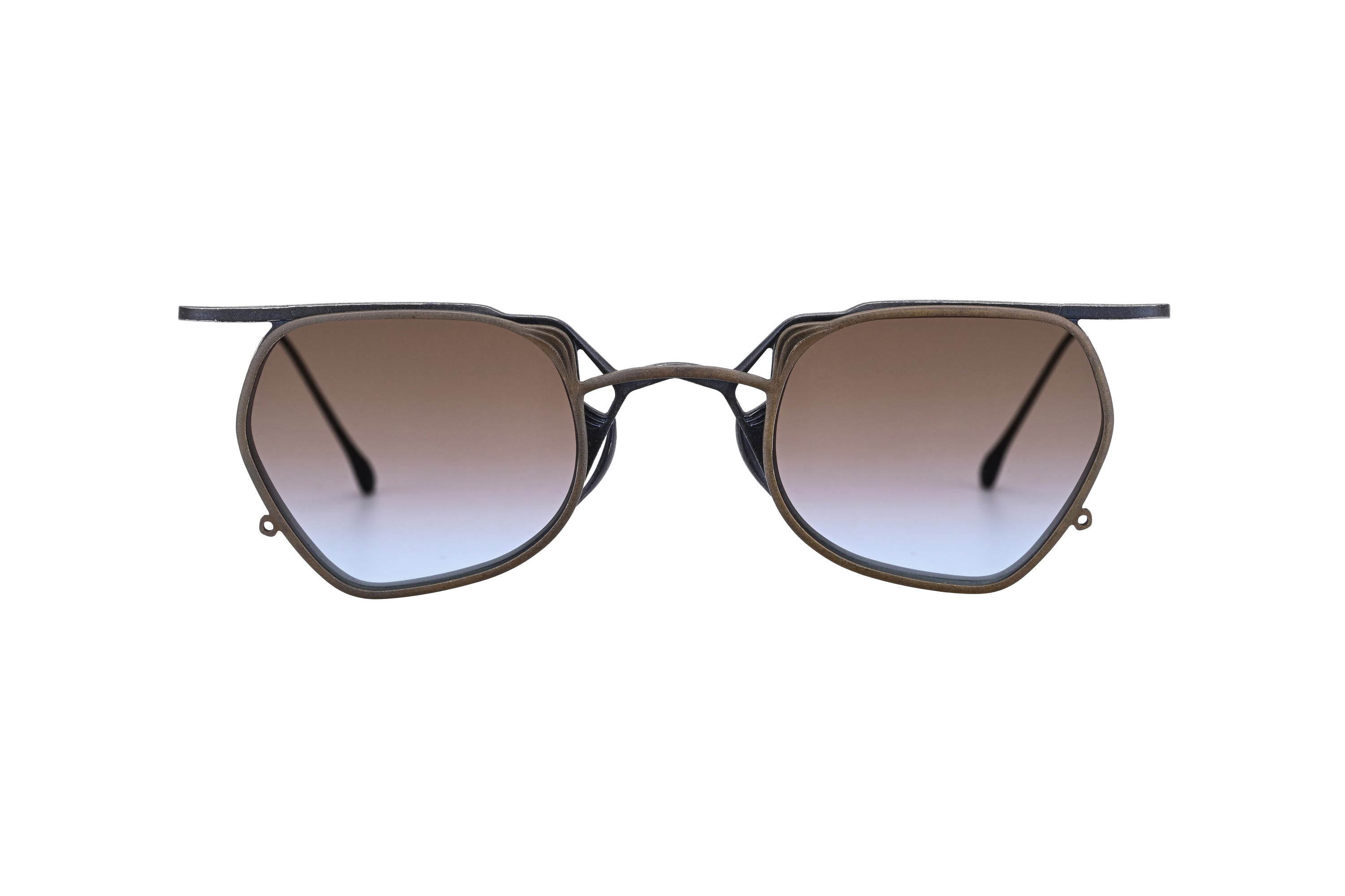 RIGARDS geometric sunglasses in antique bronze metal with brown-to-blue gradient lenses and a double bridge, shown from the front.