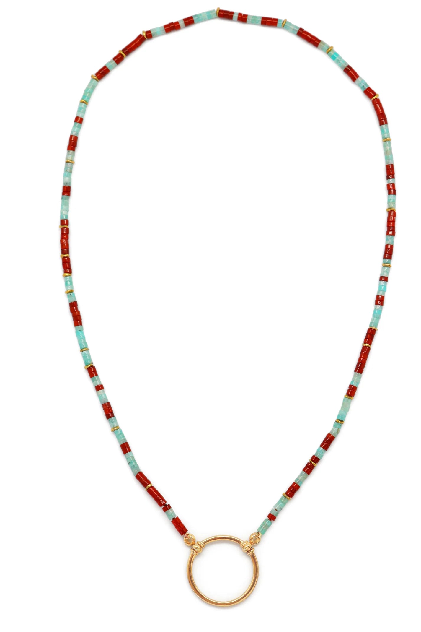 Necklace with red and blue beads and a gold clasp on a white background