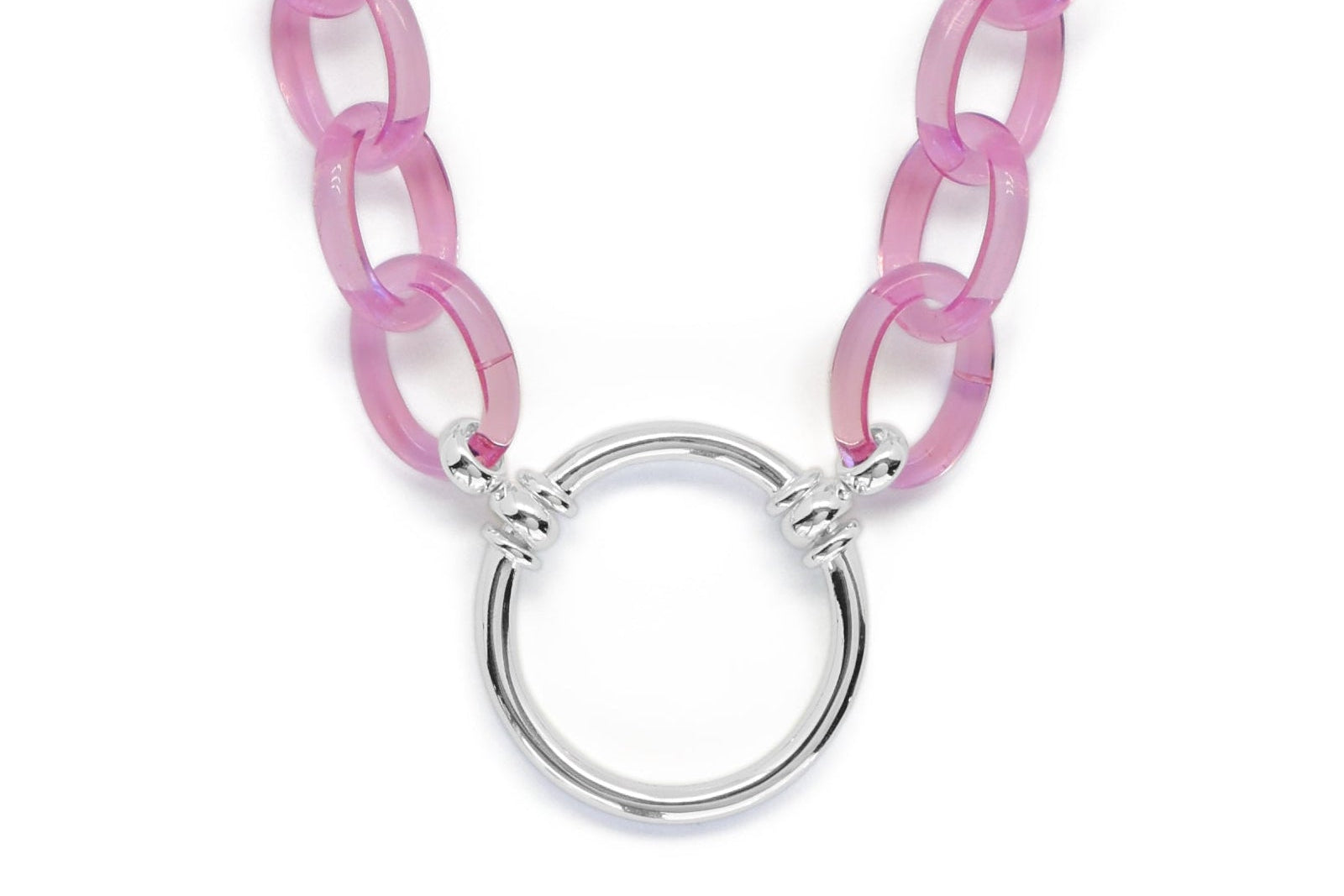 Pink chain necklace with a silver clasp on a white background