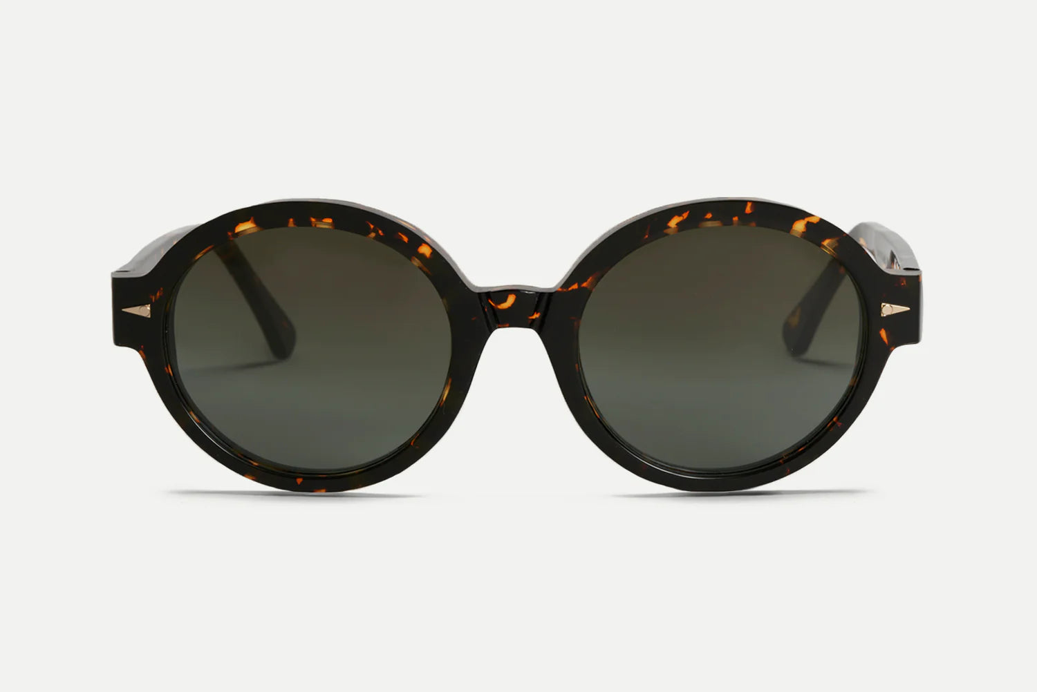 Oval sunglasses with a dark tortoiseshell frame and dark gray lenses, shown from a front-facing perspective on a light gray background.