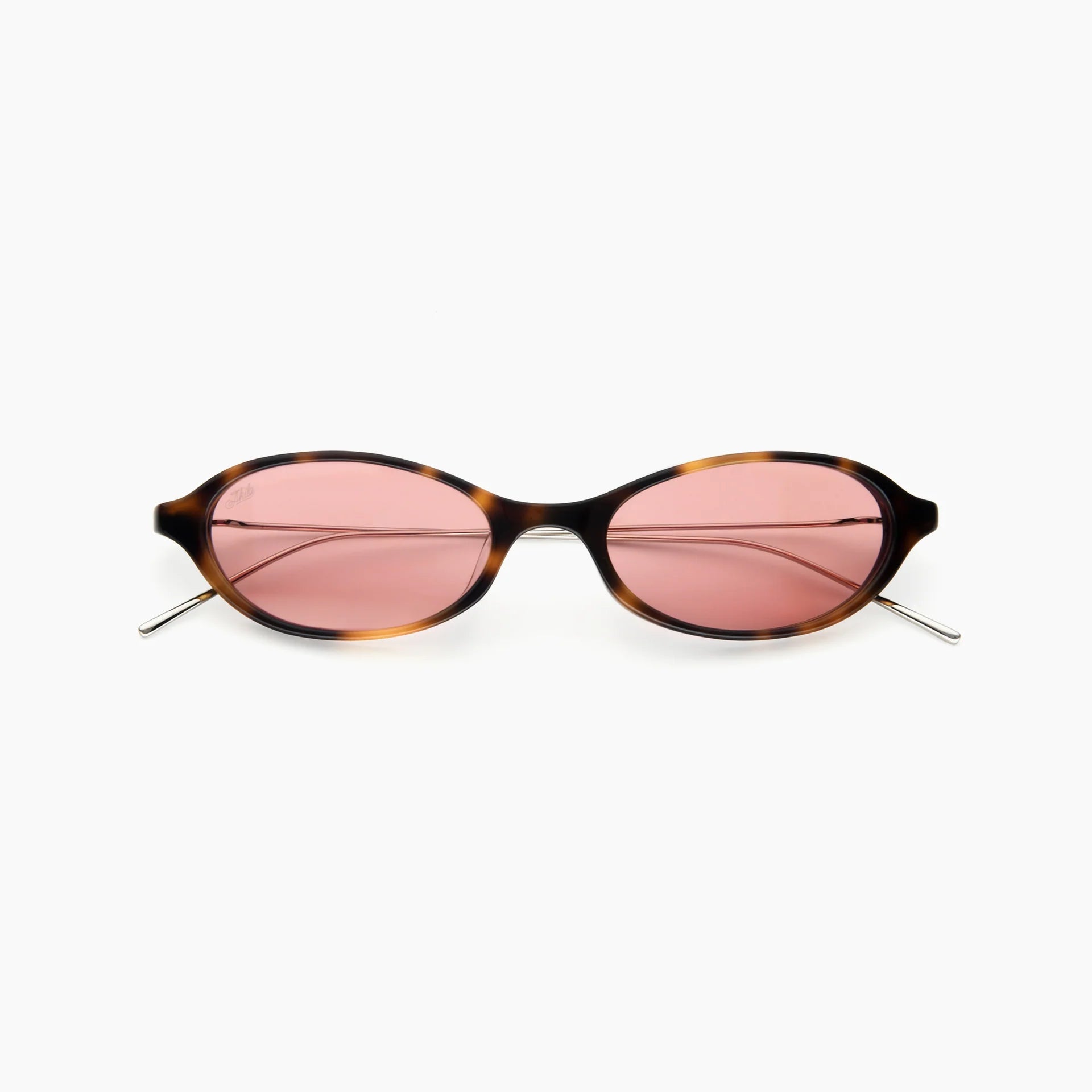 Tortoise oval sunglasses with rose-tinted lenses and slim metal temples, shown front-facing on a white background.