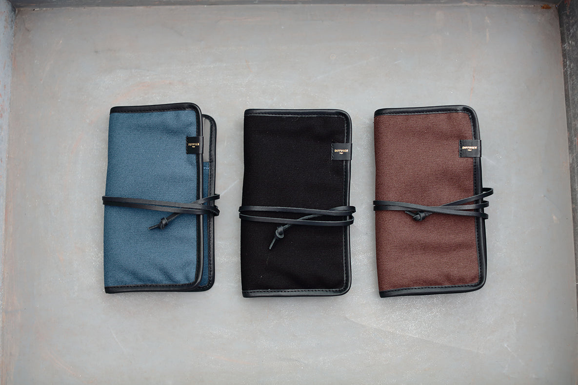 Three rolled fabric sleeves or wraps laid side by side on a light gray surface, shown in blue, black, and brown colors with dark trim and elastic closure straps.
