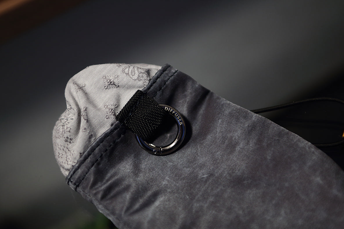 Close-up of a dark gray textured fabric pouch with a black hook-and-loop strap and a silver metal ring, shown against a dark blurred background.