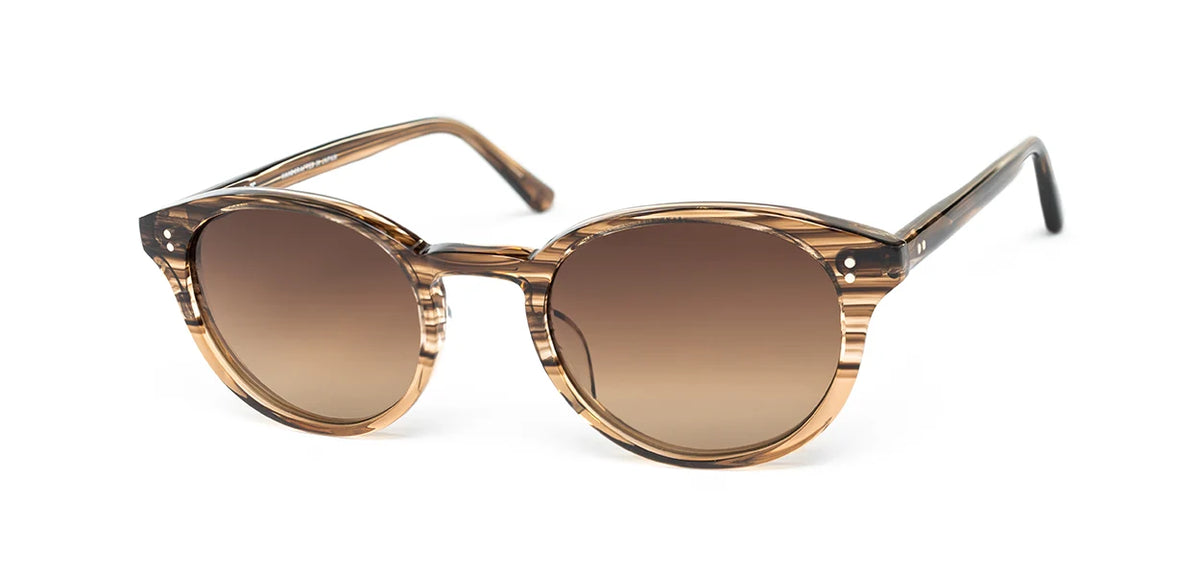 The SALT. Spencer round sunglasses by SALT. are crafted from Japanese acetate in light brown and translucent striped frames, featuring gradient brown polarized optical lenses and displayed on a white background.