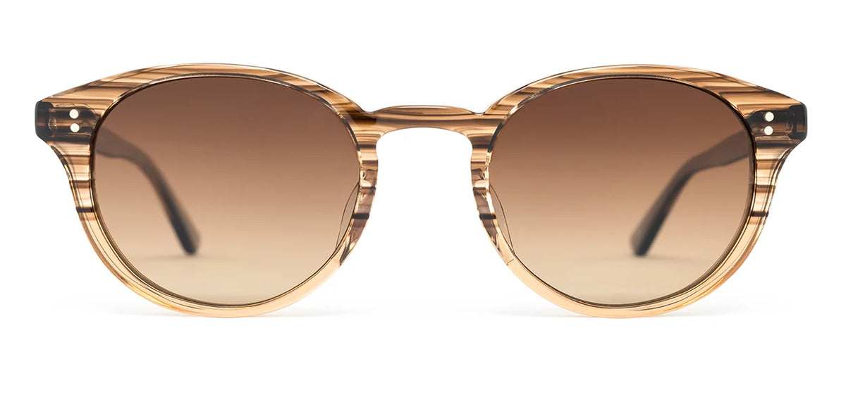 The SALT. Spencer by SALT. features round eyeglass frames crafted from light brown striped Japanese acetate and is fitted with brown gradient polarized optical lenses, shown from the front against a white background.
