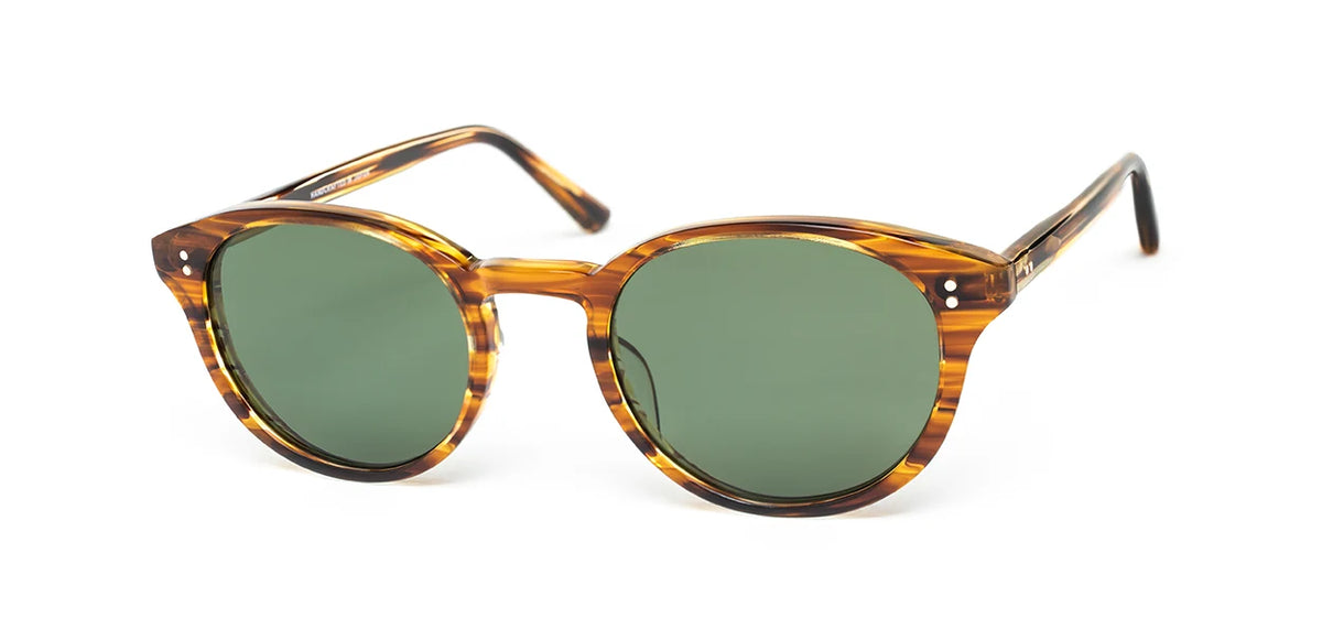 SALT. Spencer tortoiseshell round sunglasses with green tinted polarized optical lenses, displayed at an angle on a white background.