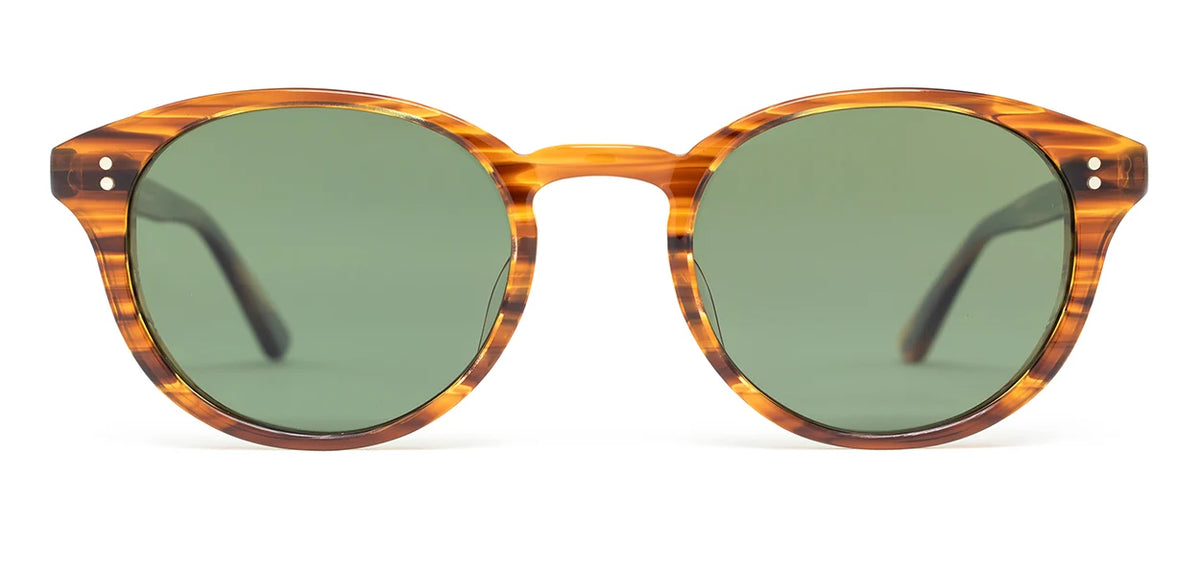 The SALT. Spencer round sunglasses by SALT. feature green lenses and a brown tortoiseshell frame, crafted from premium Japanese acetate with a classic round eyeglass frame design, shown on a white background.