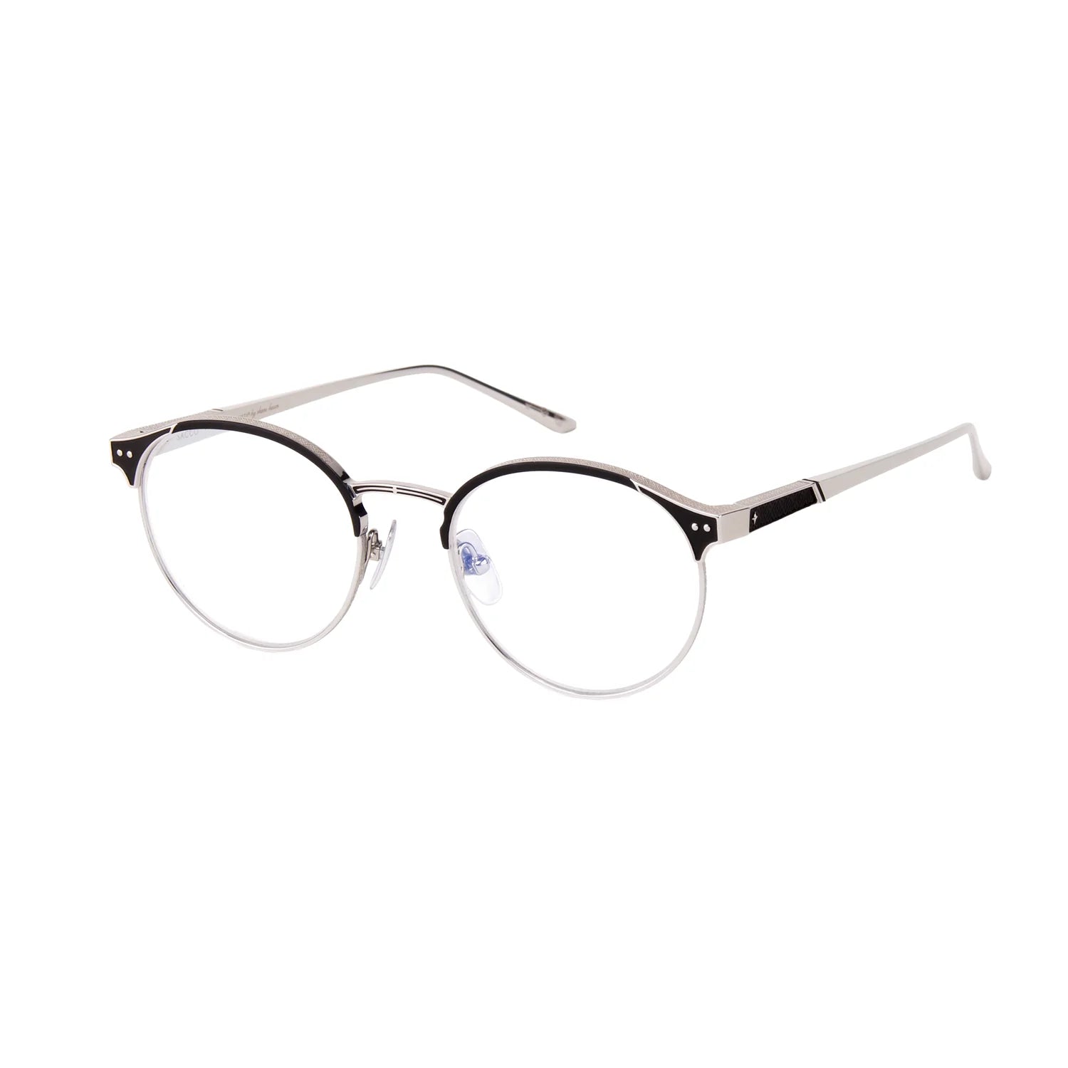 Leisure Society Sacco round eyeglasses by Leisure Society, featuring thin silver and black titanium frames, clear lenses, and adjustable nose pads, displayed on a white background.