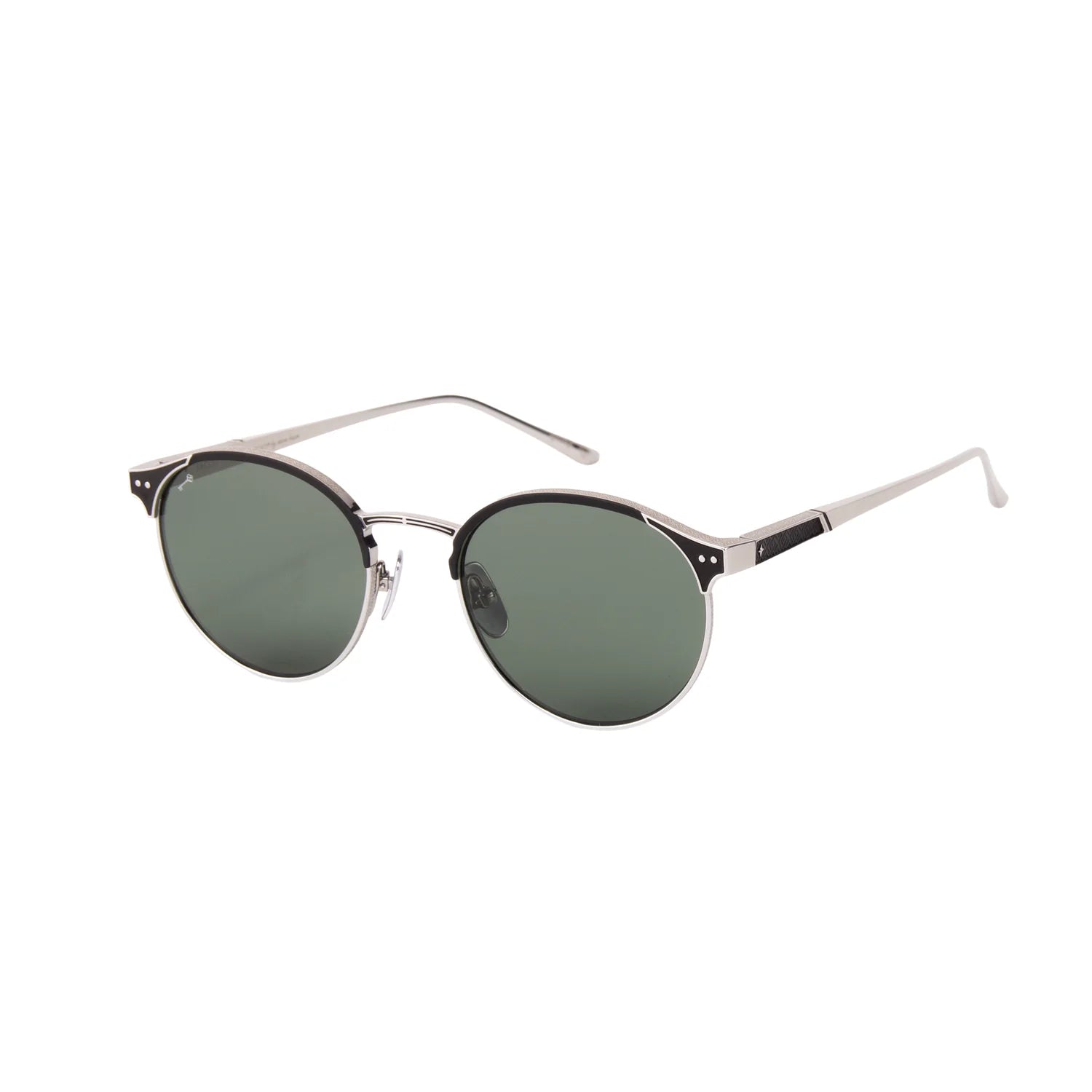 Black sunglasses with silver accents on a white background