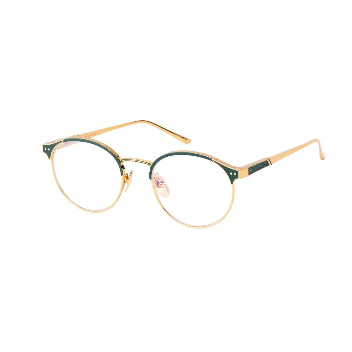 Leisure Society The Vault: Sacco 24k gold-plated titanium eyeglasses featuring dark green accents on the brow and temples, fitted with polarized green gradient lenses.