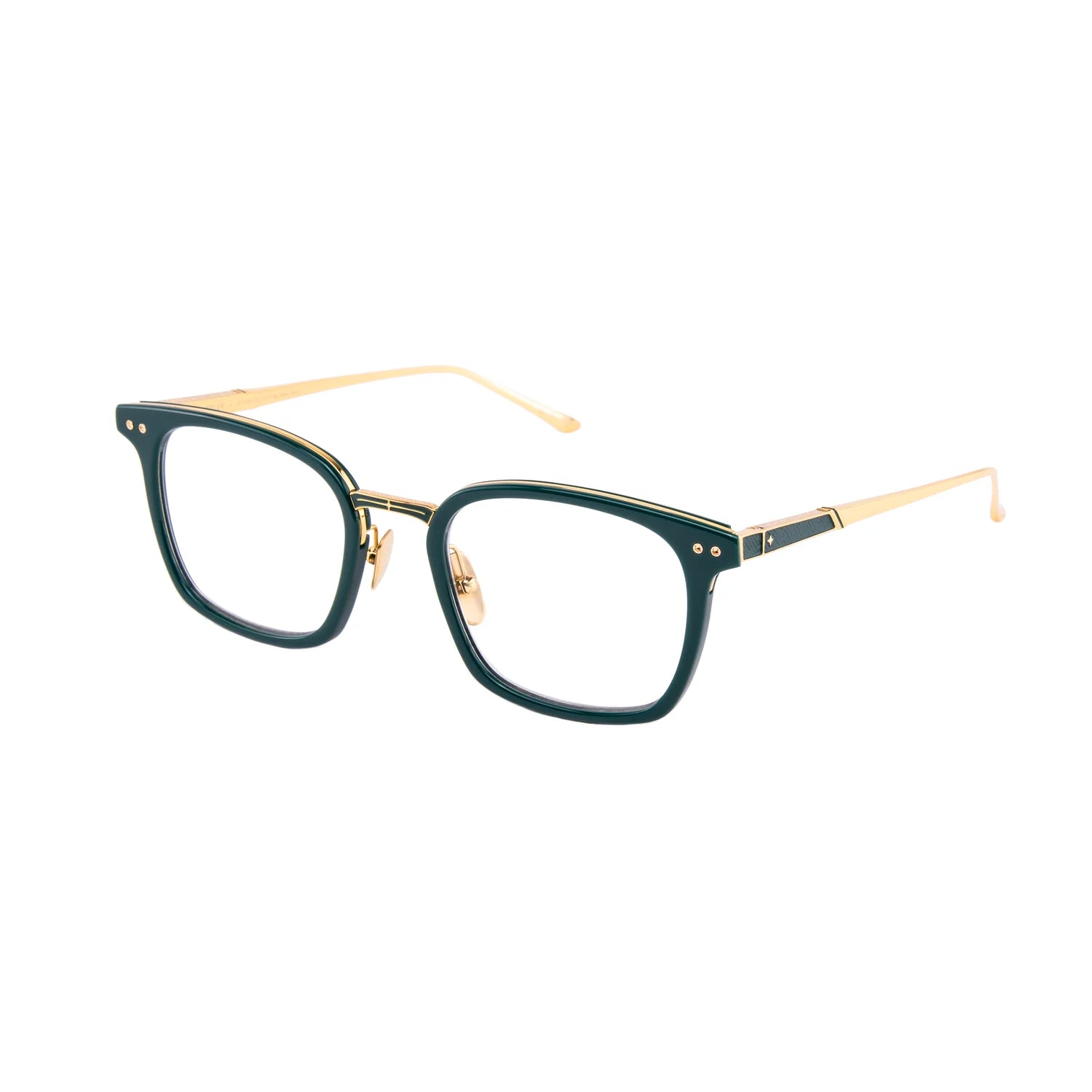 A pair of eyeglasses featuring dark green acetate square frames with gold metal rims, nose pads, and temples, shown against a plain white background.
