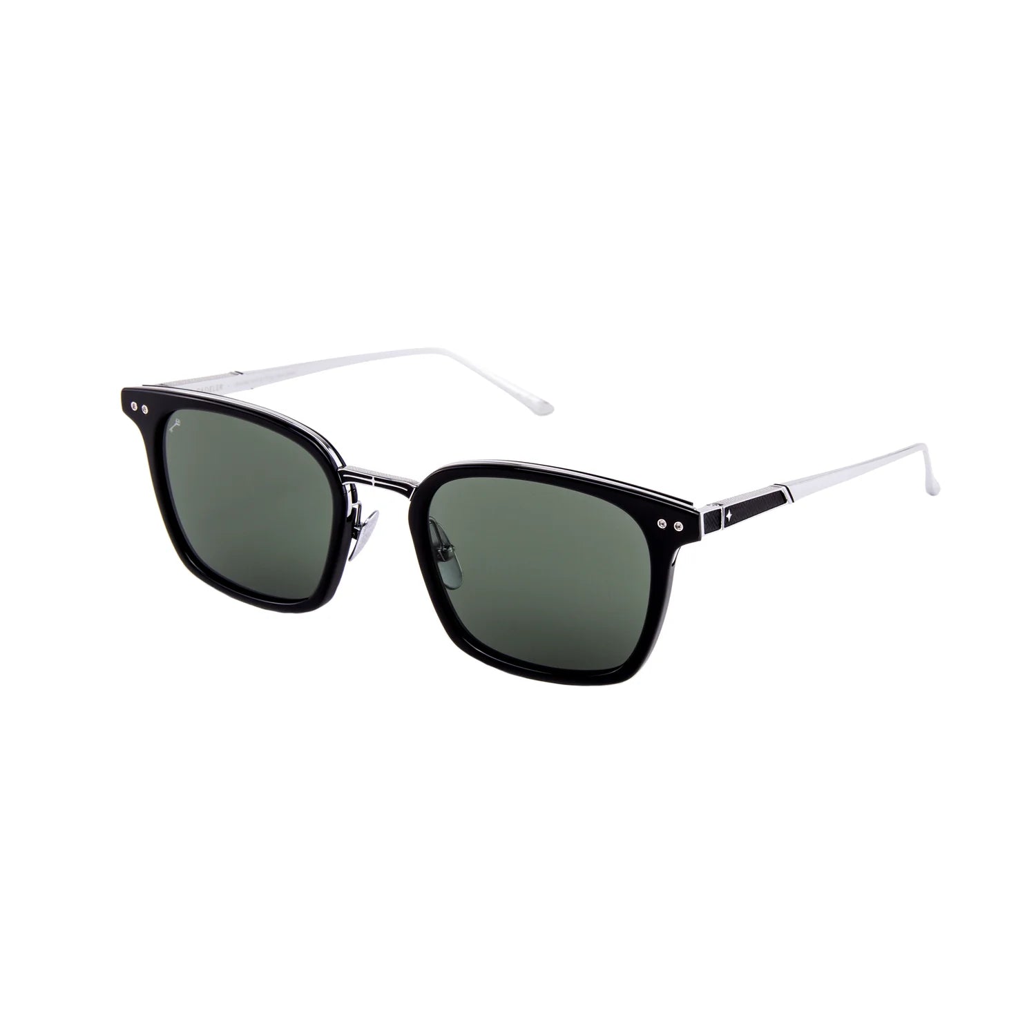 A pair of sunglasses with a black acetate frame, dark green lenses, and white temples, shown on a plain white background.