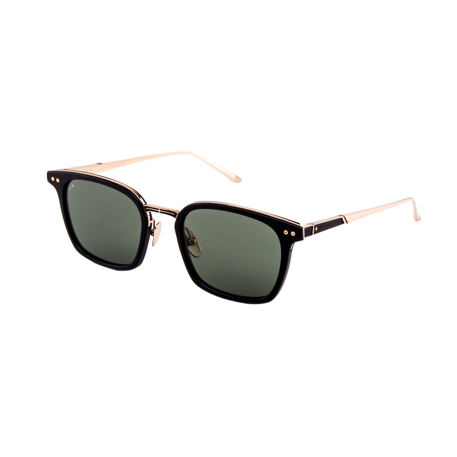 Black sunglasses with a brand logo on a white background