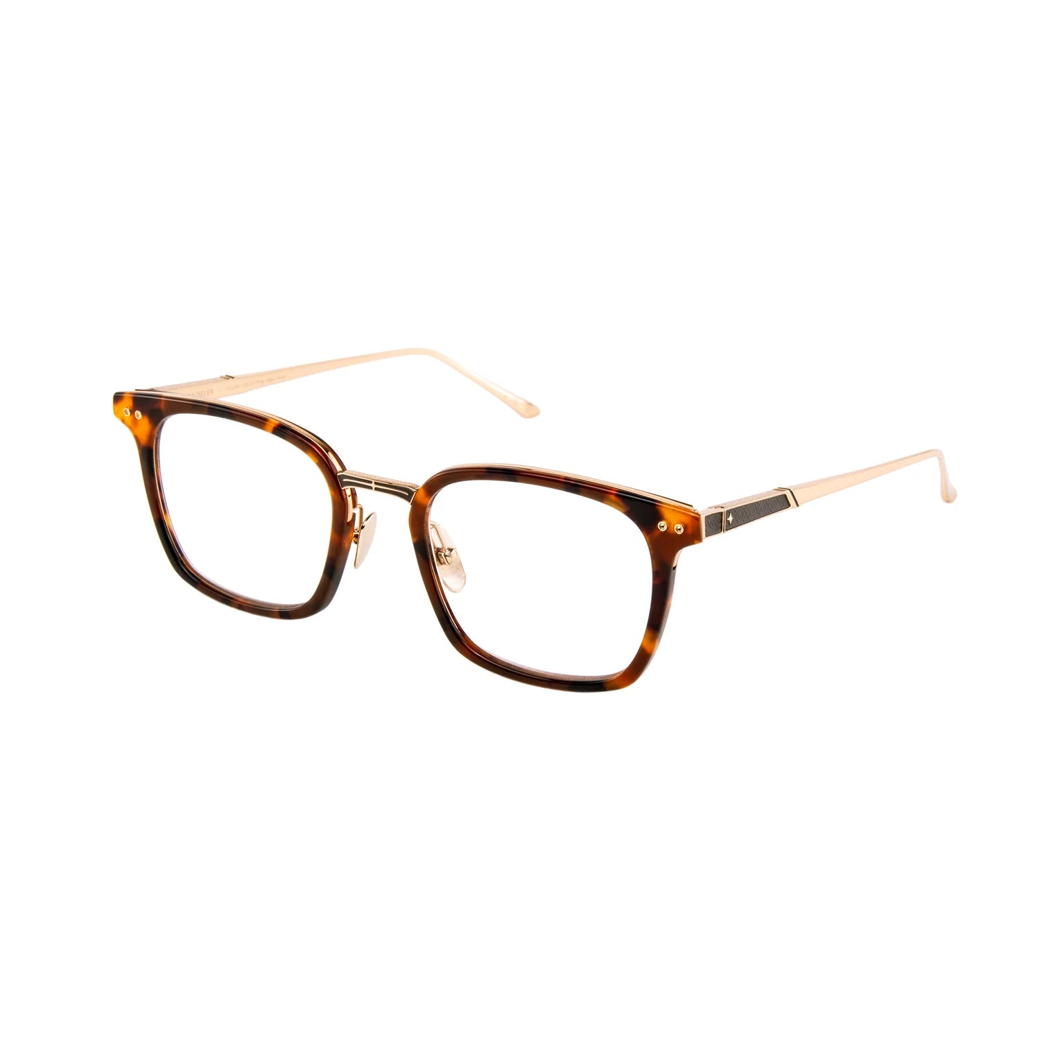 A pair of square-frame eyeglasses with a brown and black tortoiseshell pattern on the front and temples, combined with light beige metal bridge and temples, shown on a plain white background.