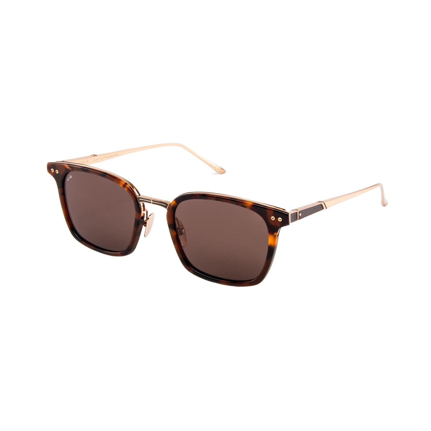 A pair of sunglasses with square brown lenses, a brown and black tortoiseshell frame, and slim rose gold metal temples, shown on a plain white background.