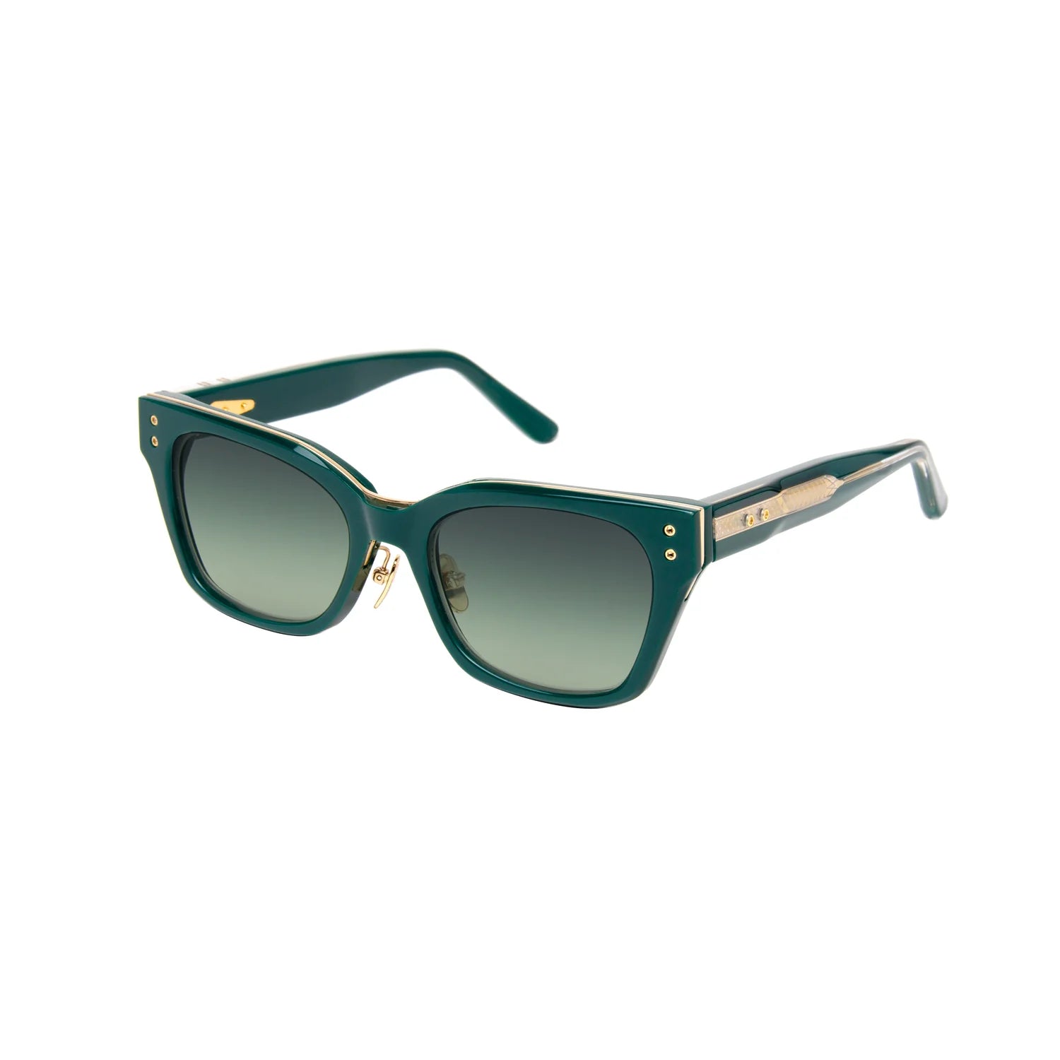 Leisure Society Salina sunglasses feature a sophisticated green square-frame crafted from luxurious Japanese acetate, adorned with gold-plated titanium accents. The thick arms and gradient dark polarized Trivex sun lenses ensure superior clarity and protection. Displayed against a white background, these Leisure Society shades epitomize refined style.