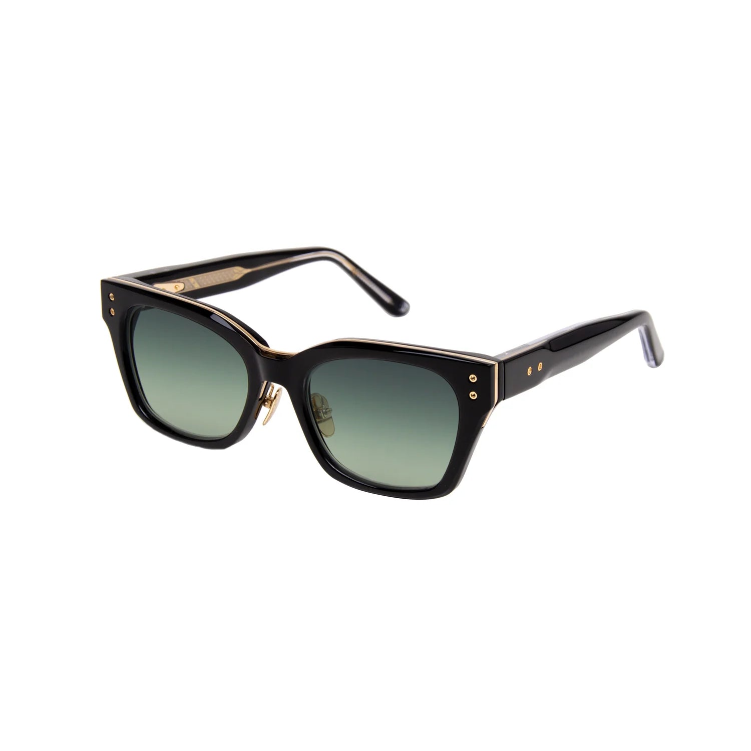 A pair of sunglasses featuring a glossy black acetate frame with gold-tone metal trim, gold rivets, and green gradient lenses, shown on a plain white background.