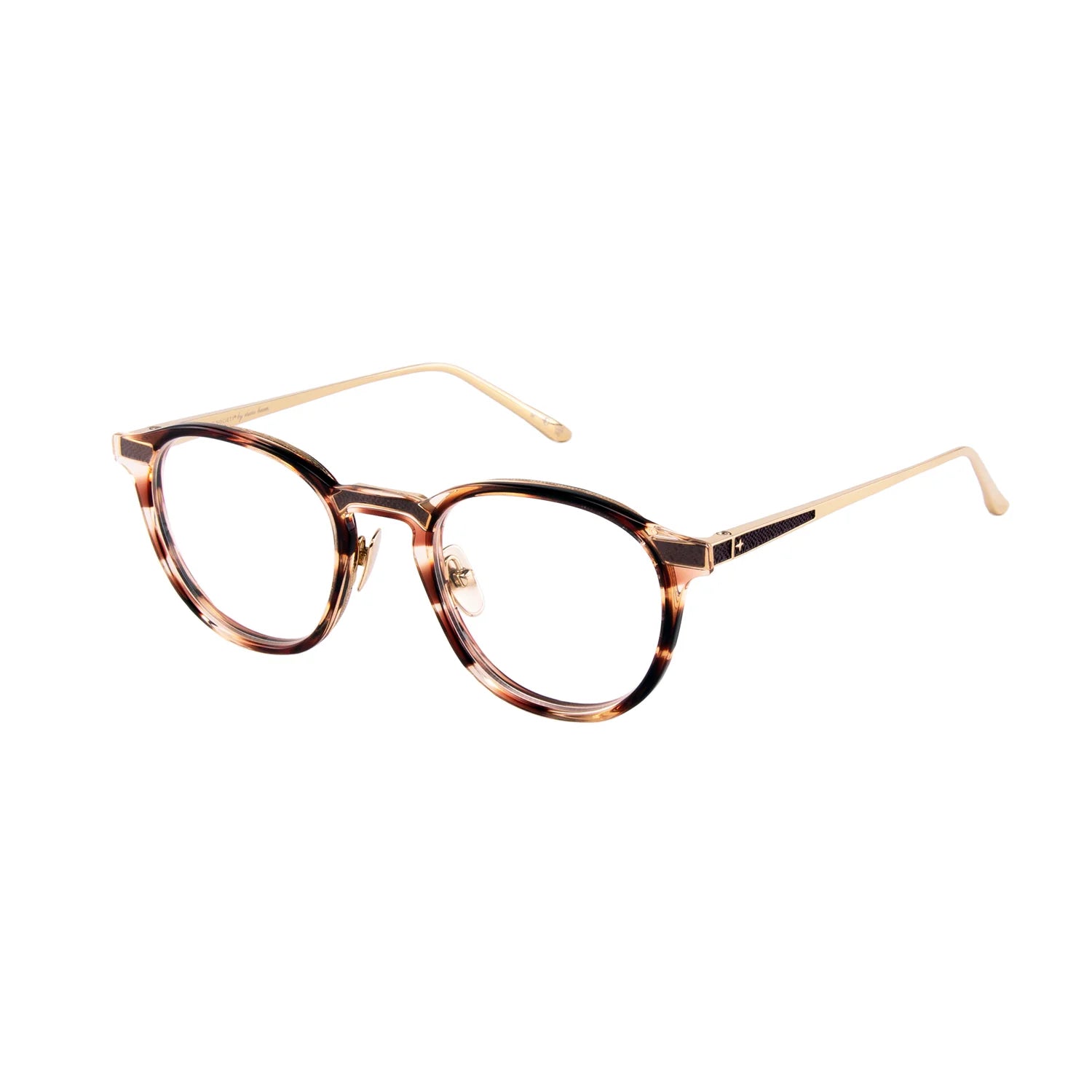 Round eyeglasses with a tortoiseshell patterned frame and light beige temples, shown on a plain white background.