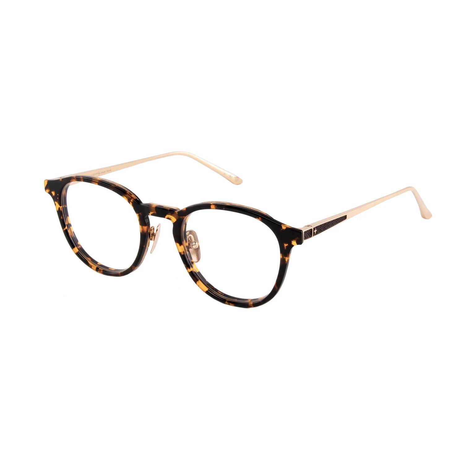 Oversized round eyeglasses featuring a dark brown and amber tortoiseshell acetate frame with slim gold-tone metal temples, shown on a plain white background.