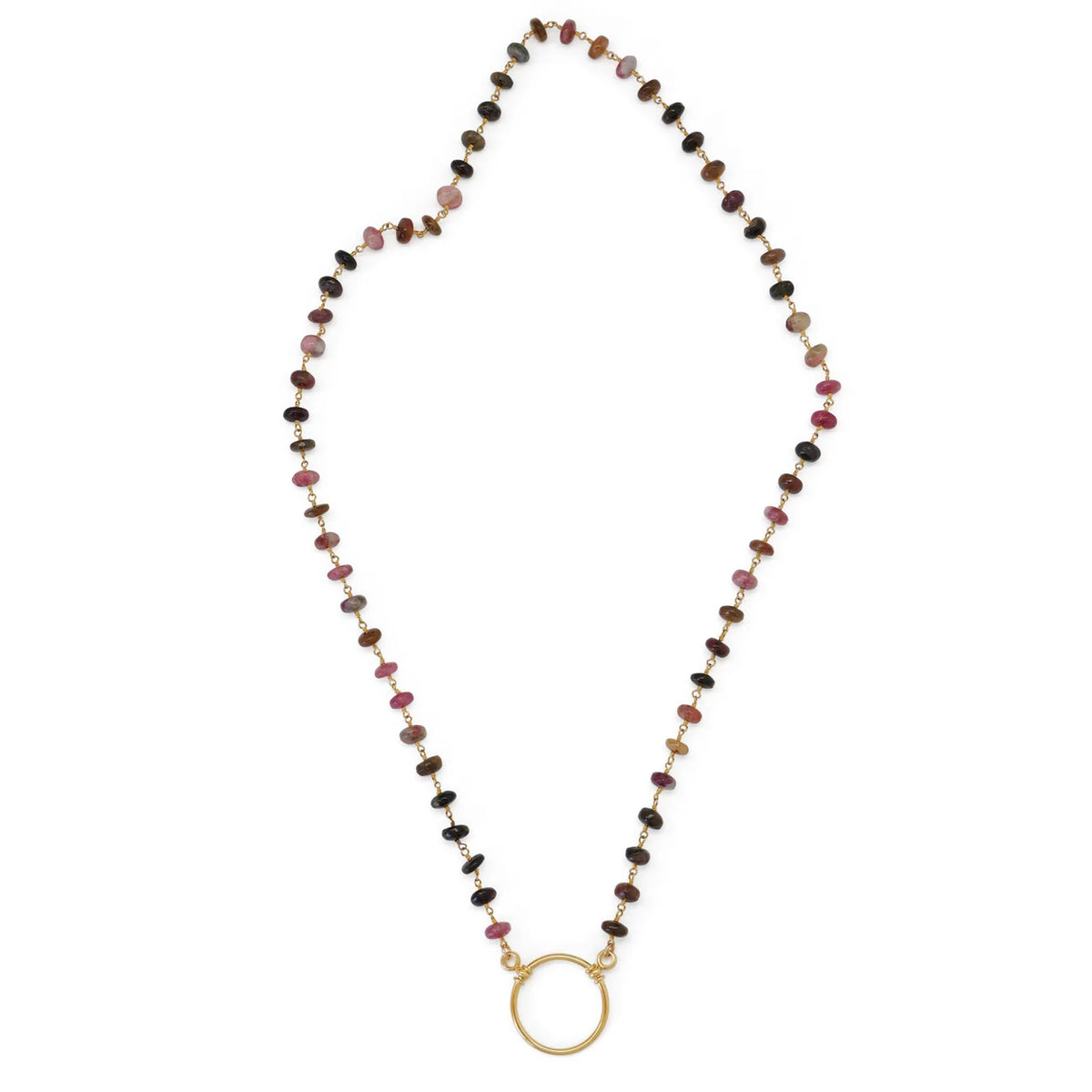 La Loop Stella necklace featuring multicolored gemstone and black spinel beads with a gold-plated circular ring pendant that functions as a stylish glasses holder.