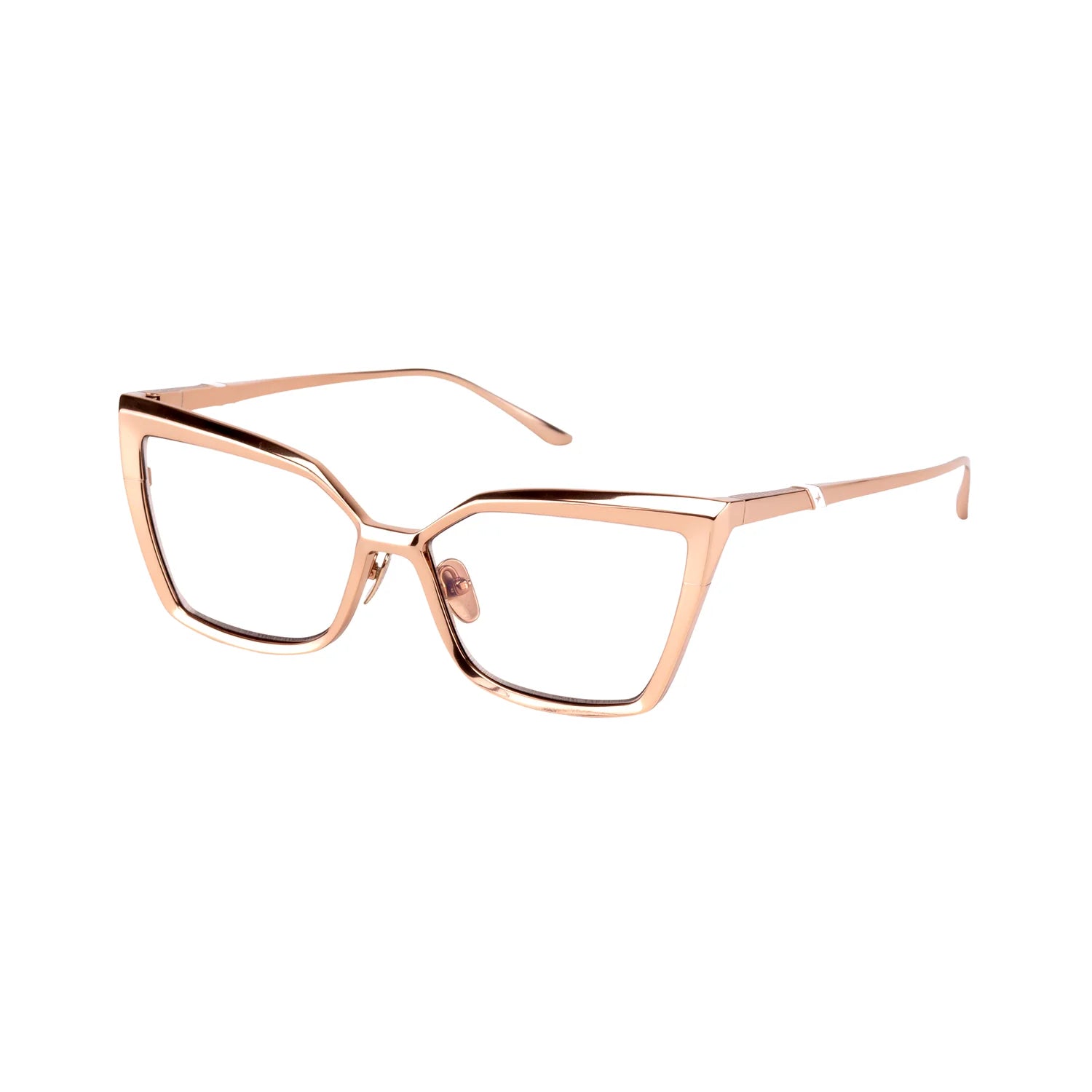 Leisure Society Sulcova eyeglasses by Leisure Society, featuring a bold geometric cat-eye frame in rose gold with clear lenses and metallic temples, handmade in Japan and crafted to the highest standards of gold-plated eyewear, displayed on a white background.