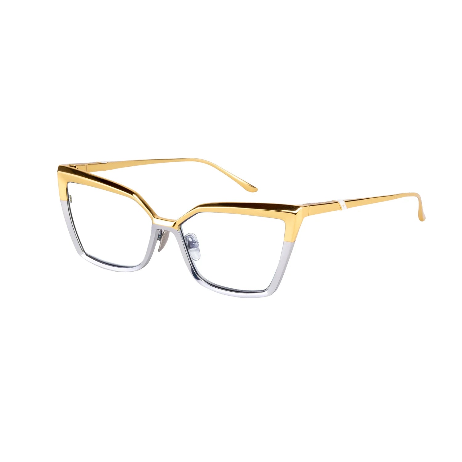 Leisure Society Sulcova cat-eye eyeglasses feature gold and silver titanium frames with clear lenses and adjustable nose pads, shown against a white background. The metallic frame boasts a modern, geometric design and is expertly handmade in Japan for exceptional quality.