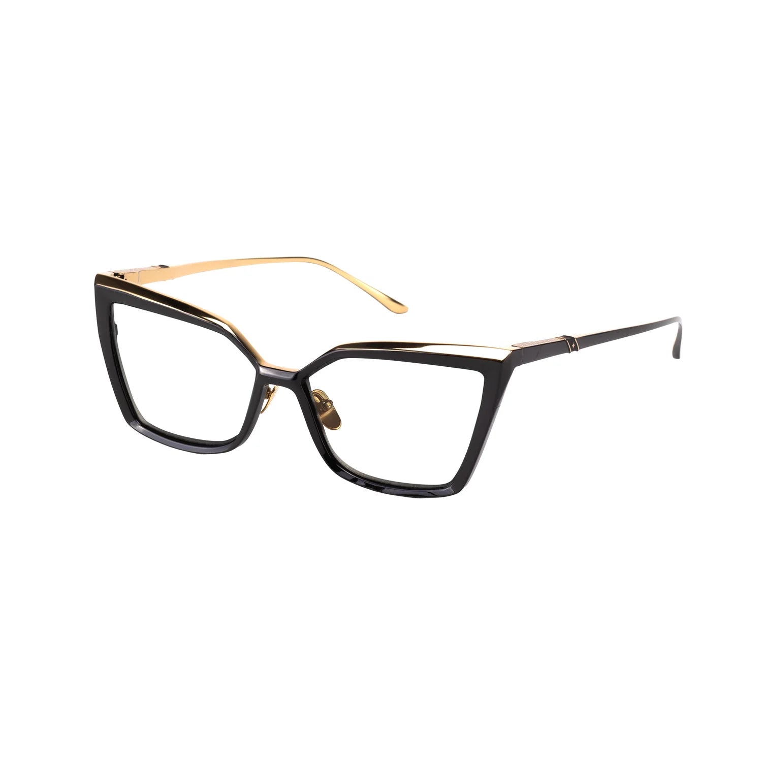 Leisure Society Sulcova cat-eye eyeglasses in black, featuring gold metal temples and adjustable nose pads, handmade in Japan by Leisure Society, displayed on a white background.