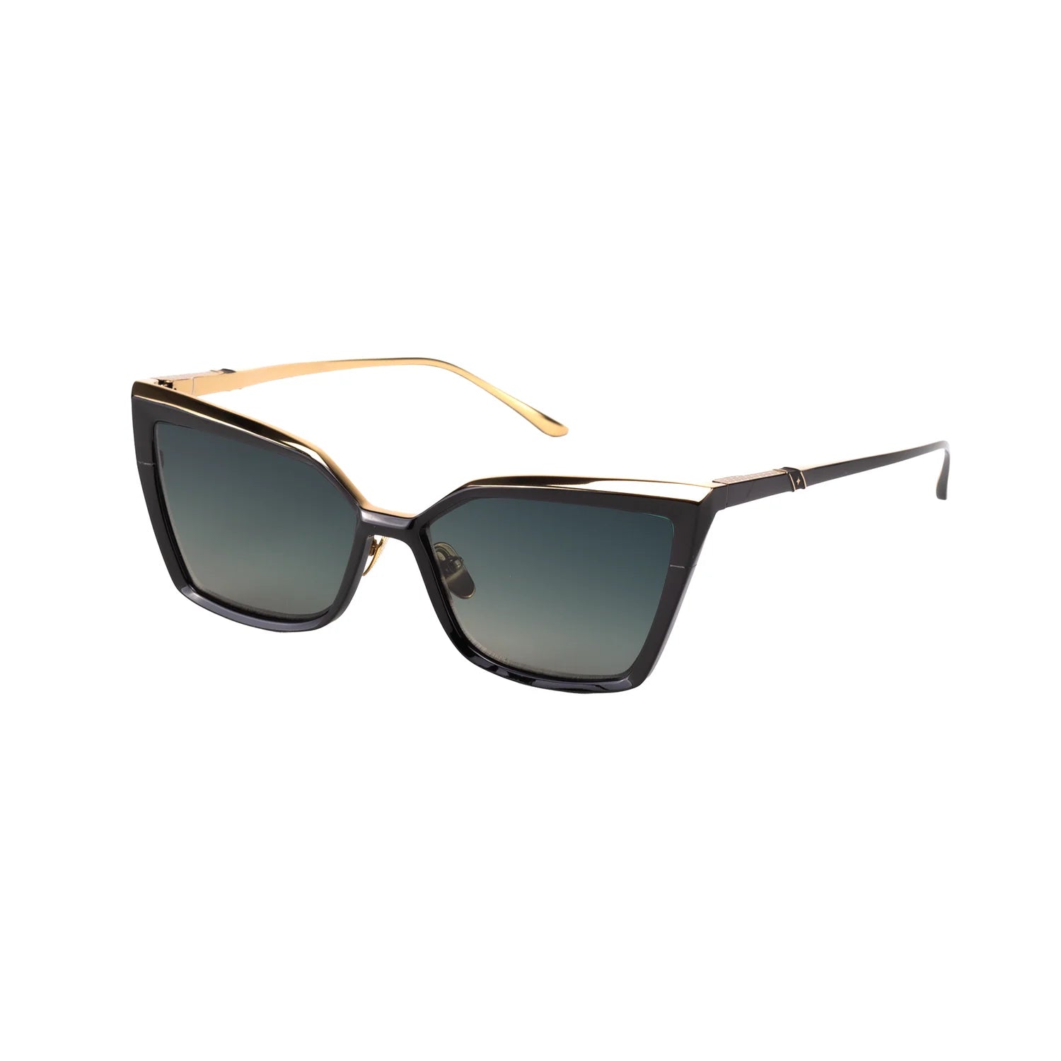 Sunglasses with gold frame and black lenses on a white background