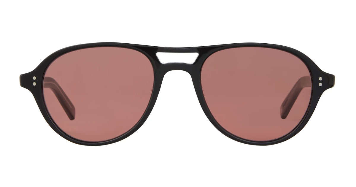 Garrett Leight Hancock sunglasses by Garrett Leight feature black frames and large, round, reddish-tinted lenses with reliable UV protection, shown from the front on a white background.