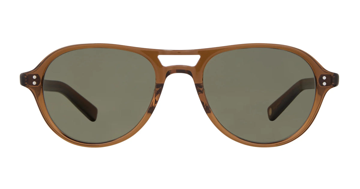 Garrett Leight Hancock sunglasses by Garrett Leight, featuring a brown aviator frame and green-tinted lenses with classic UV protection, displayed from the front against a white background.