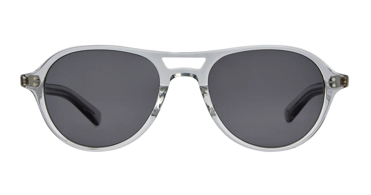 Garrett Leight Hancock sunglasses by Garrett Leight feature clear aviator frames and dark round lenses for classic style and dependable UV protection, displayed from the front against a white background.
