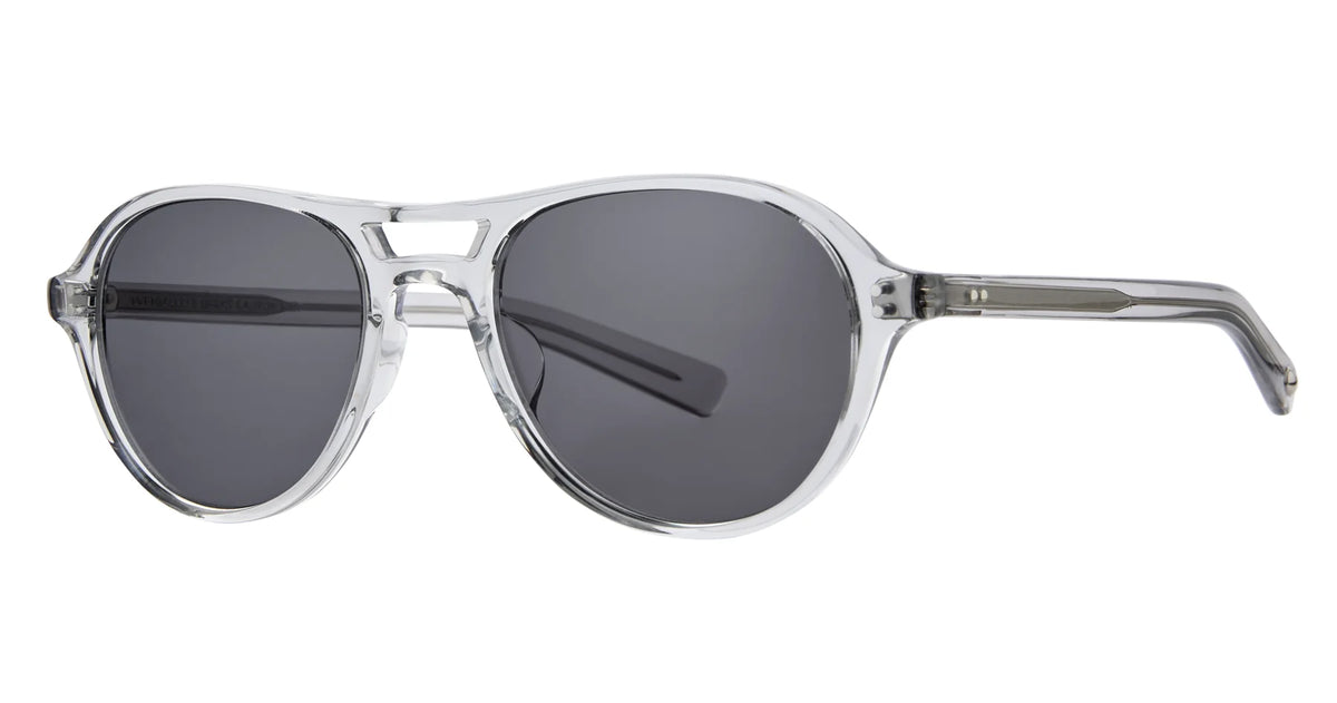 The Garrett Leight Hancock by Garrett Leight are clear-framed aviator sunglasses with dark lenses, featuring a double bridge and straight, slightly tapered arms. These stylish navigator sunglasses provide reliable UV protection for your eyes.