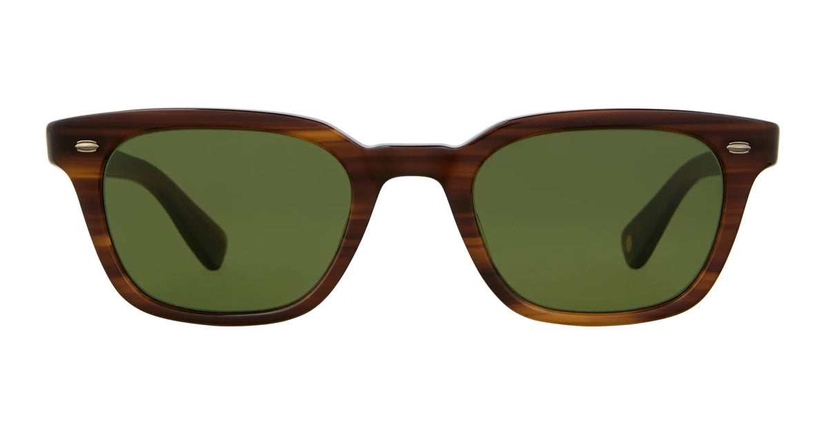 The Garrett Leight Lugo by Garrett Leight is a pair of rectangular wayfarer sunglasses featuring green lenses and a dark brown tortoiseshell frame with UV protection, displayed against a white background.